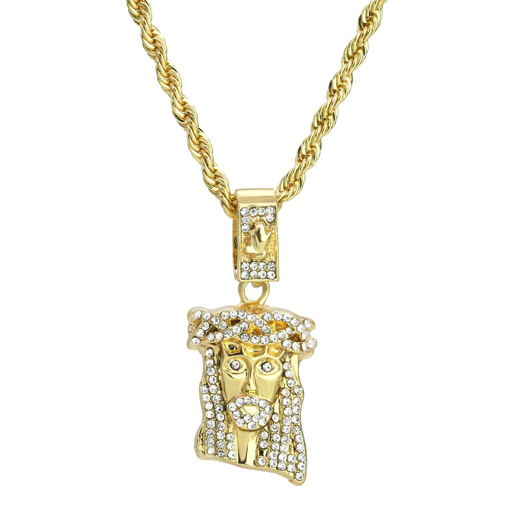 Exquisite Jesus Face / prayer Hand Pendant Rope Chain Men's Hip Hop 18k Cz Jewelry