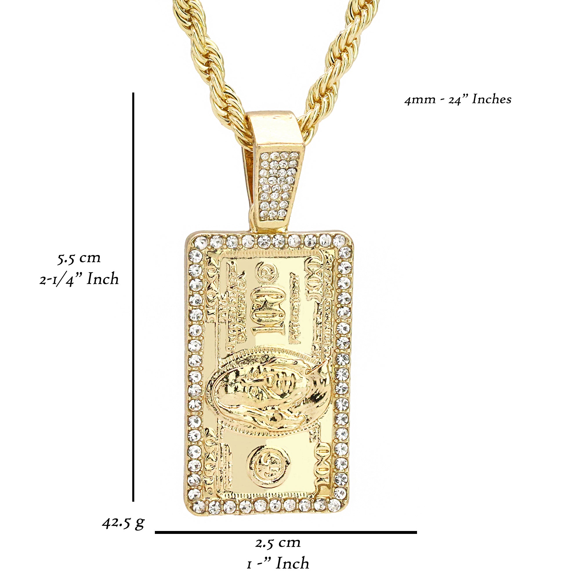 100 Dollar Bill Pendant 24" Rope Chain Men's Hip Hop 18k Jewelry