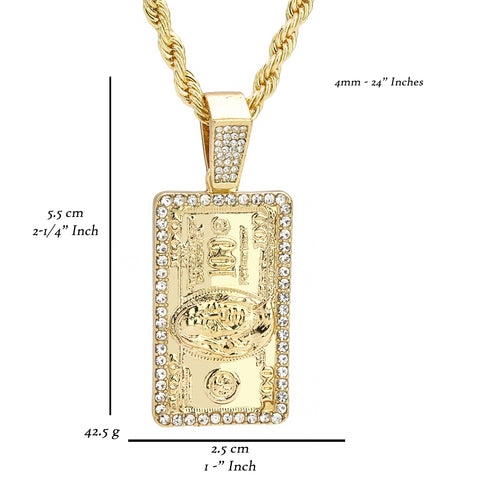 100 Dollar Bill Pendant 24" Rope Chain Men's Hip Hop 18k Jewelry