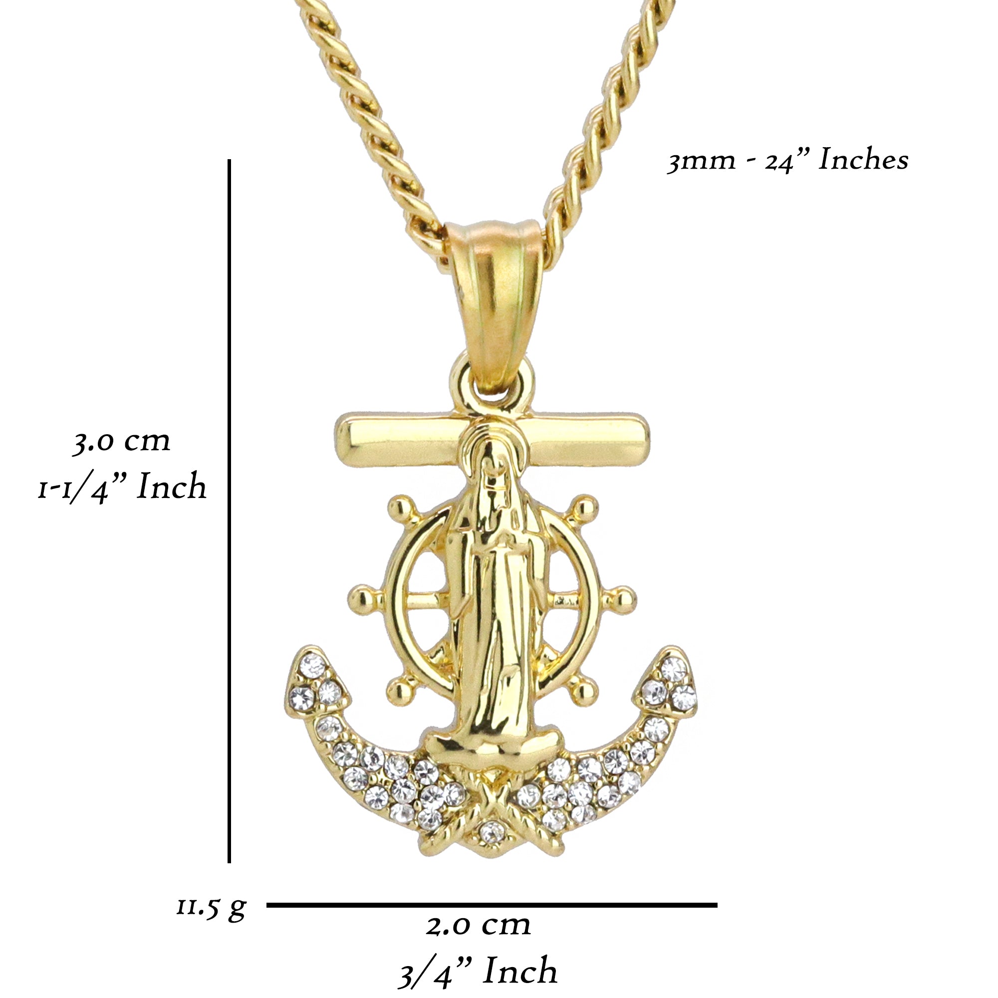 Anchor Mary Virgin Pendant 24" Cuban Chain Hip Hop Style 18k Gold Stainless Steel