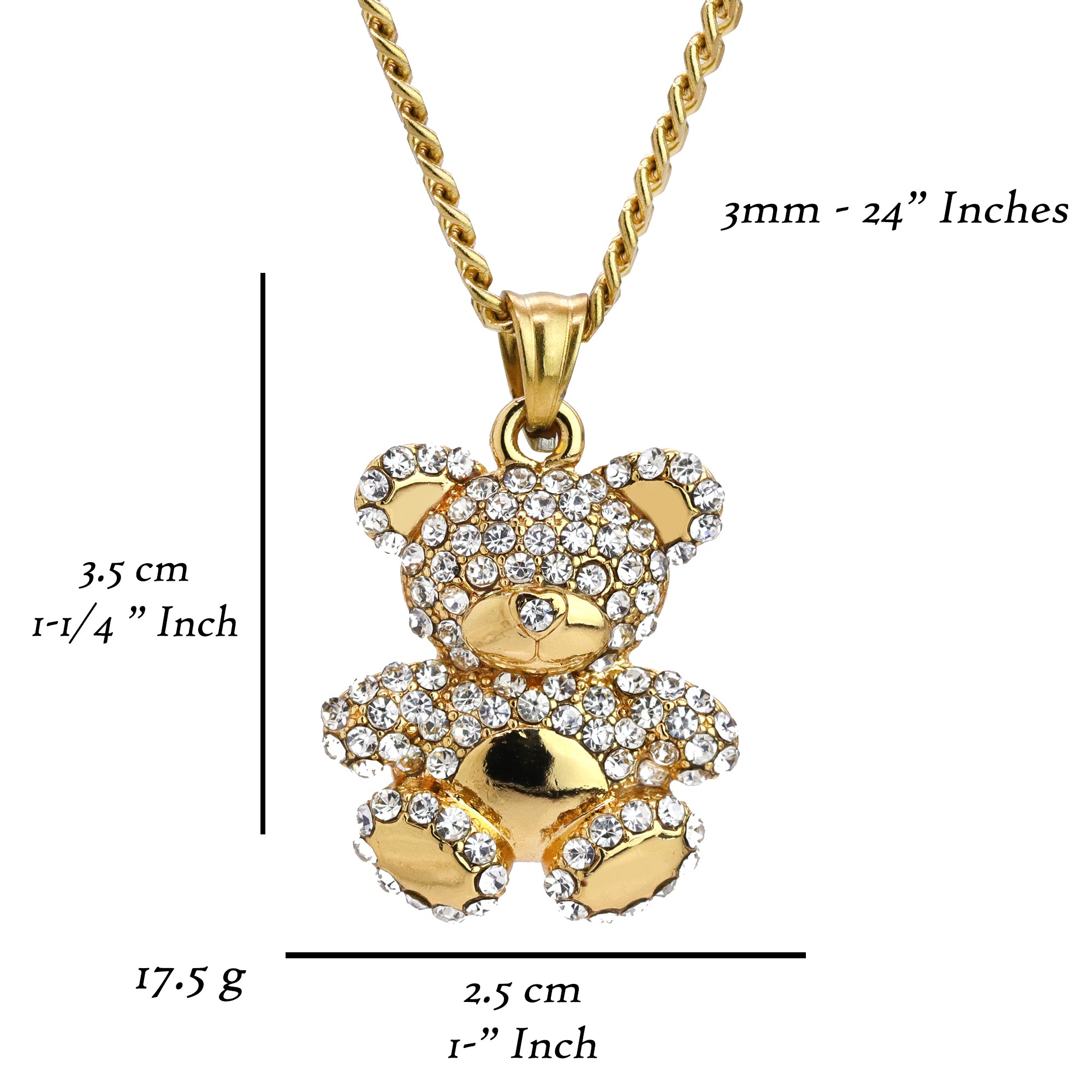 Teddy Bear Pendant 24" Cuban Chain Hip Hop Style 18k Gold Stainless Steel
