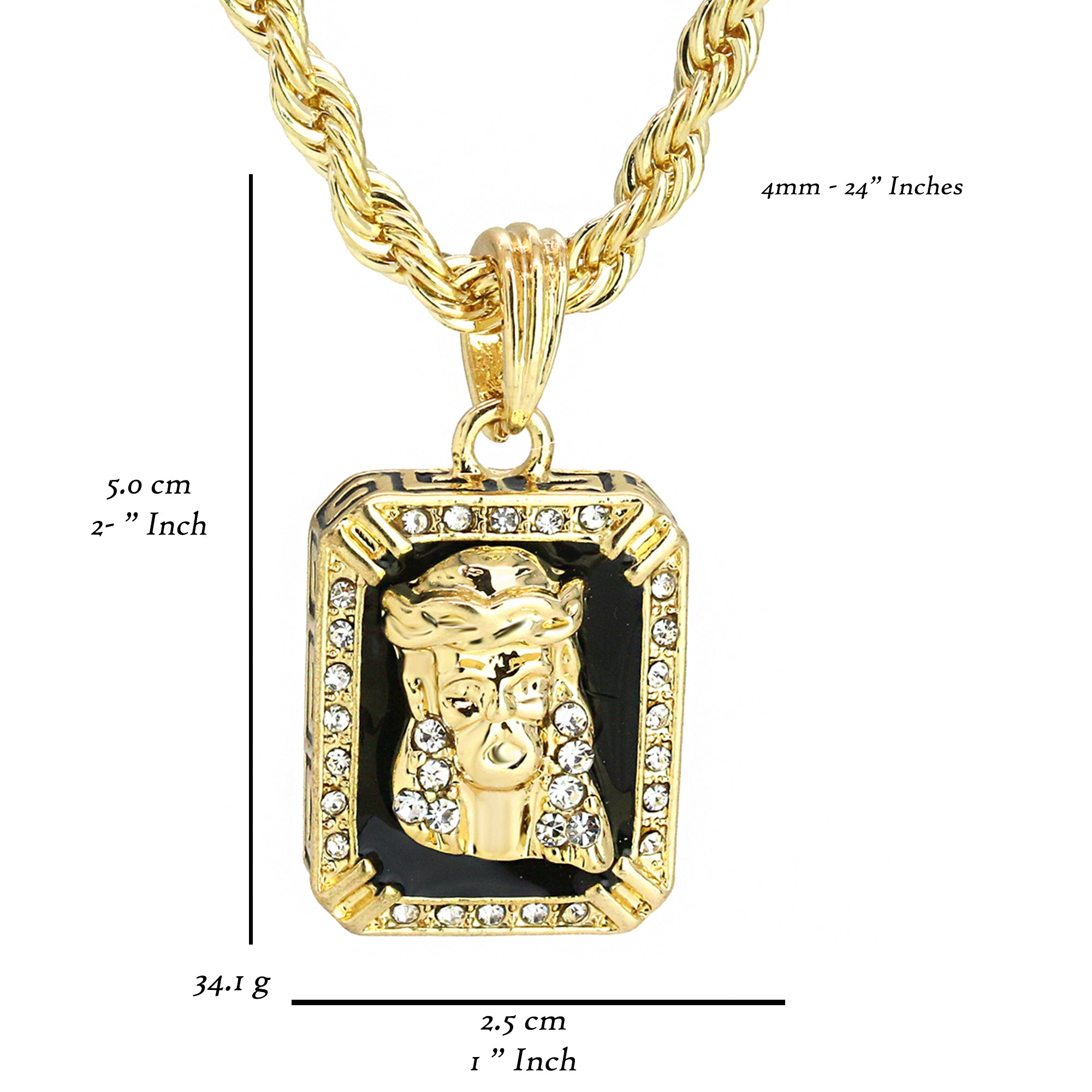 Black Ruby Jesus Face Pendant 24" Rope Chain Men's 18k Gold Plated Jewelry