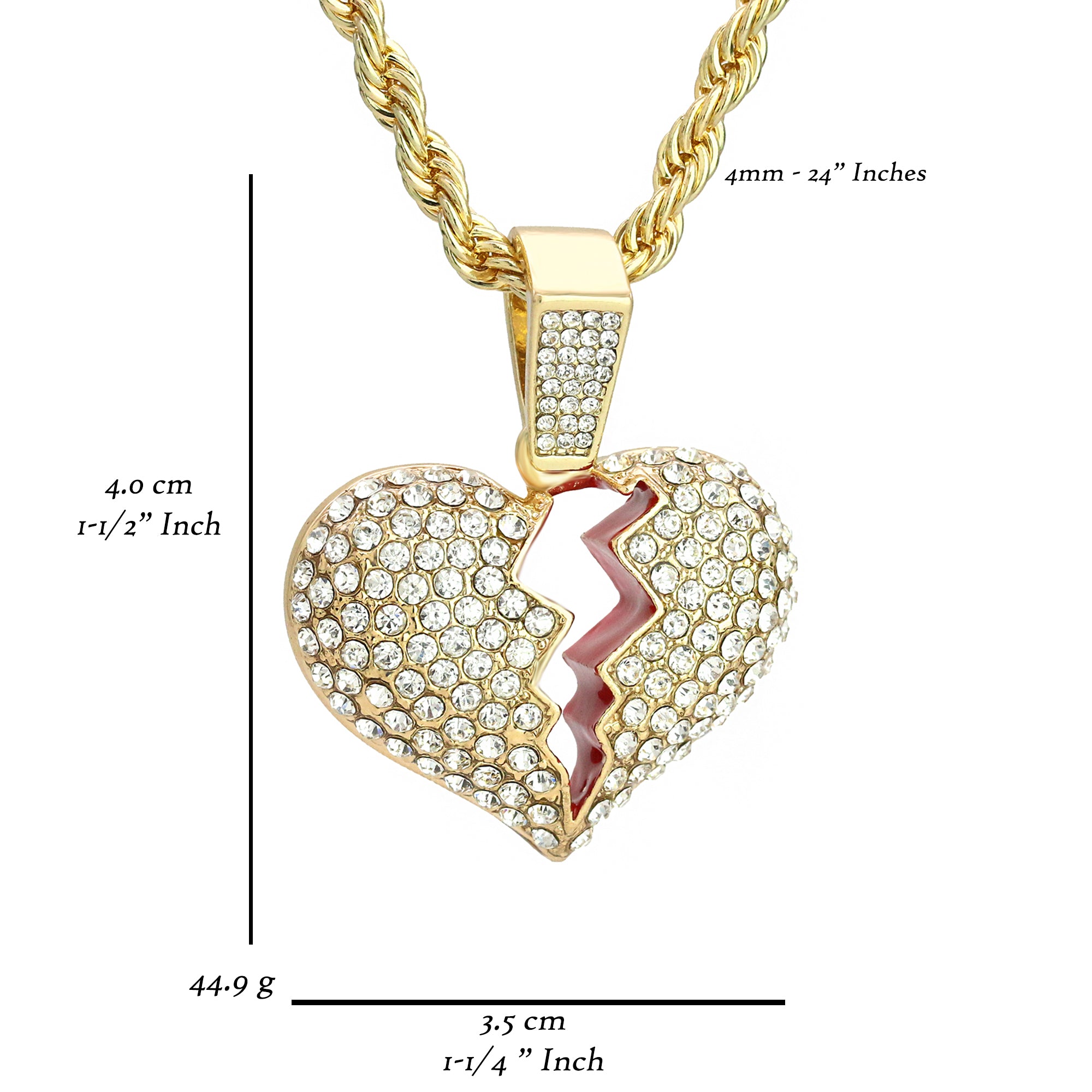 Broken Heart Pendant 4mm 24" Rope Chain 18k Gold Plated