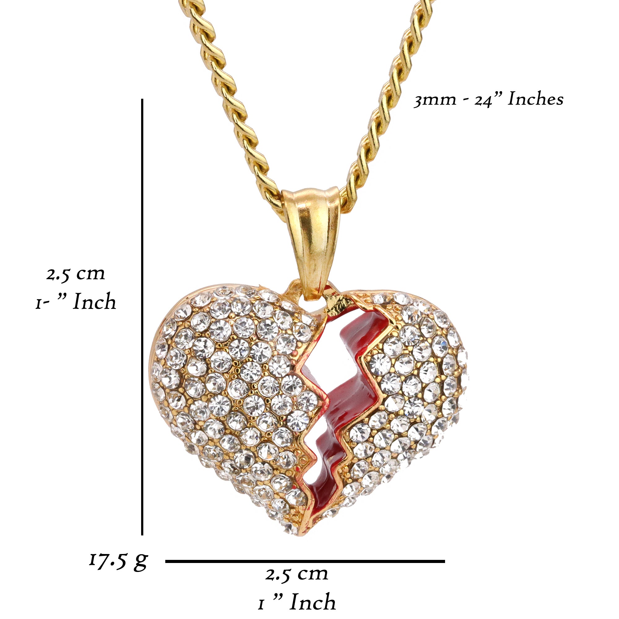 Broken Heart Pendant 24" Cuban Chain Hip Hop Style 18k Gold Stainless Steel
