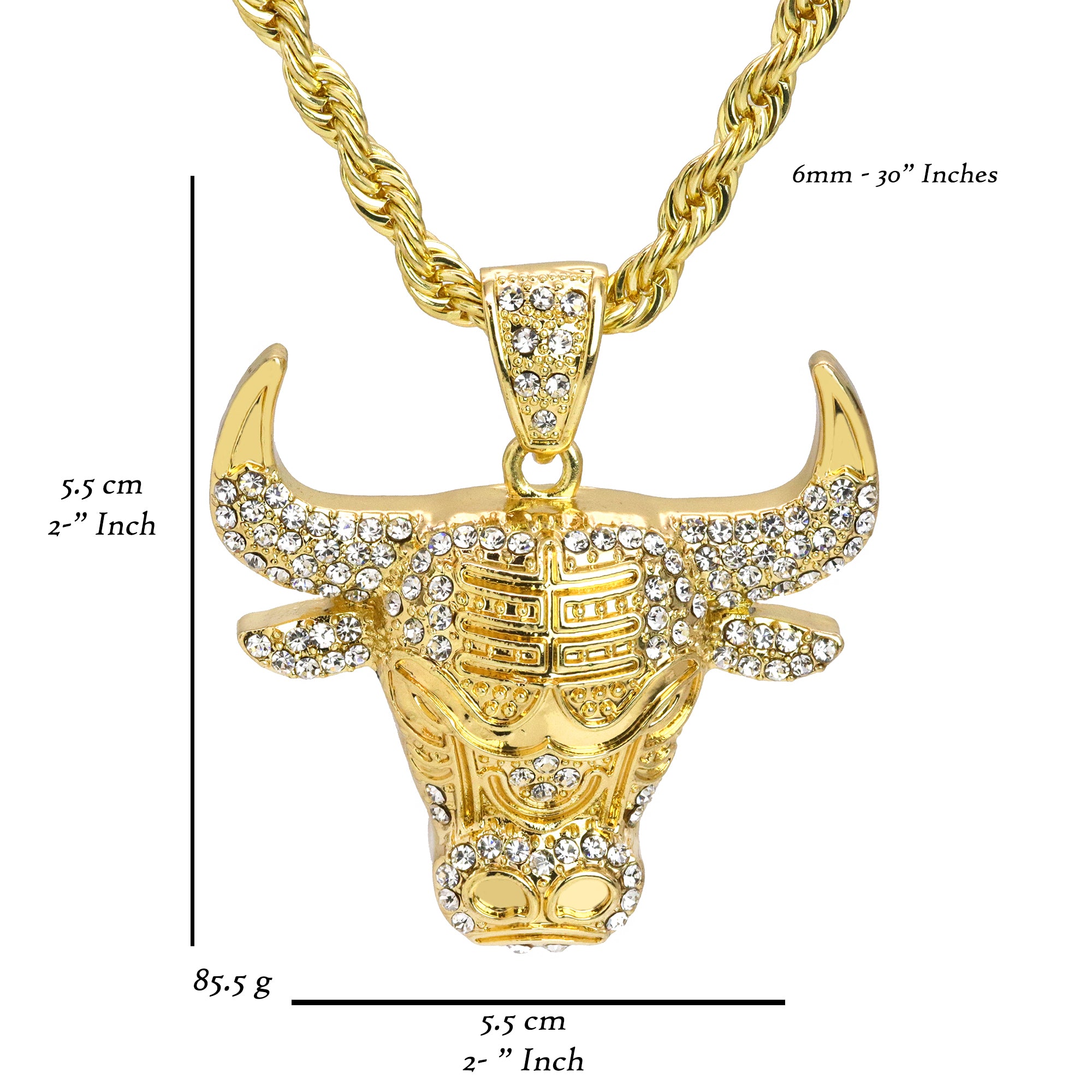 Bull Iced Out Pendant 30" Rope Chain Hip Hop Style 18k Gold Plated