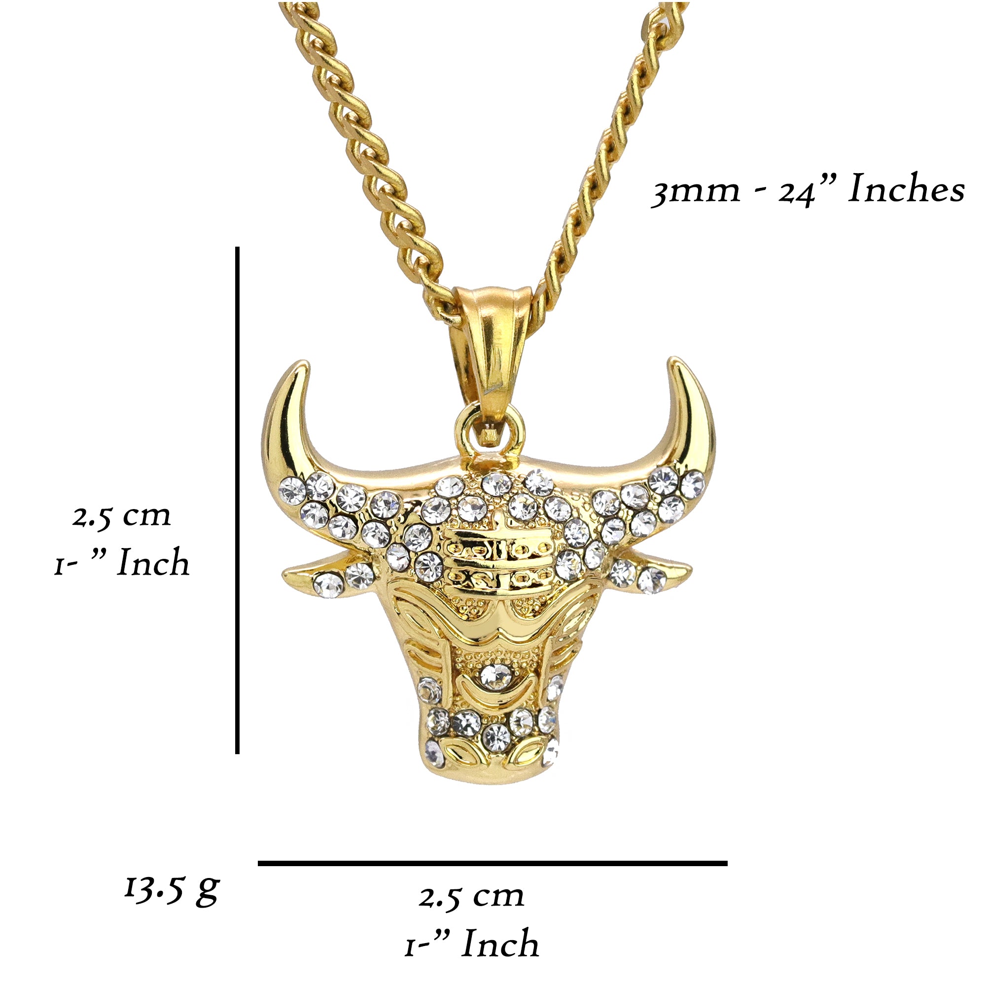 Bull Head Pendant 24" Cuban Chain Hip Hop Style 18k Gold Stainless Steel