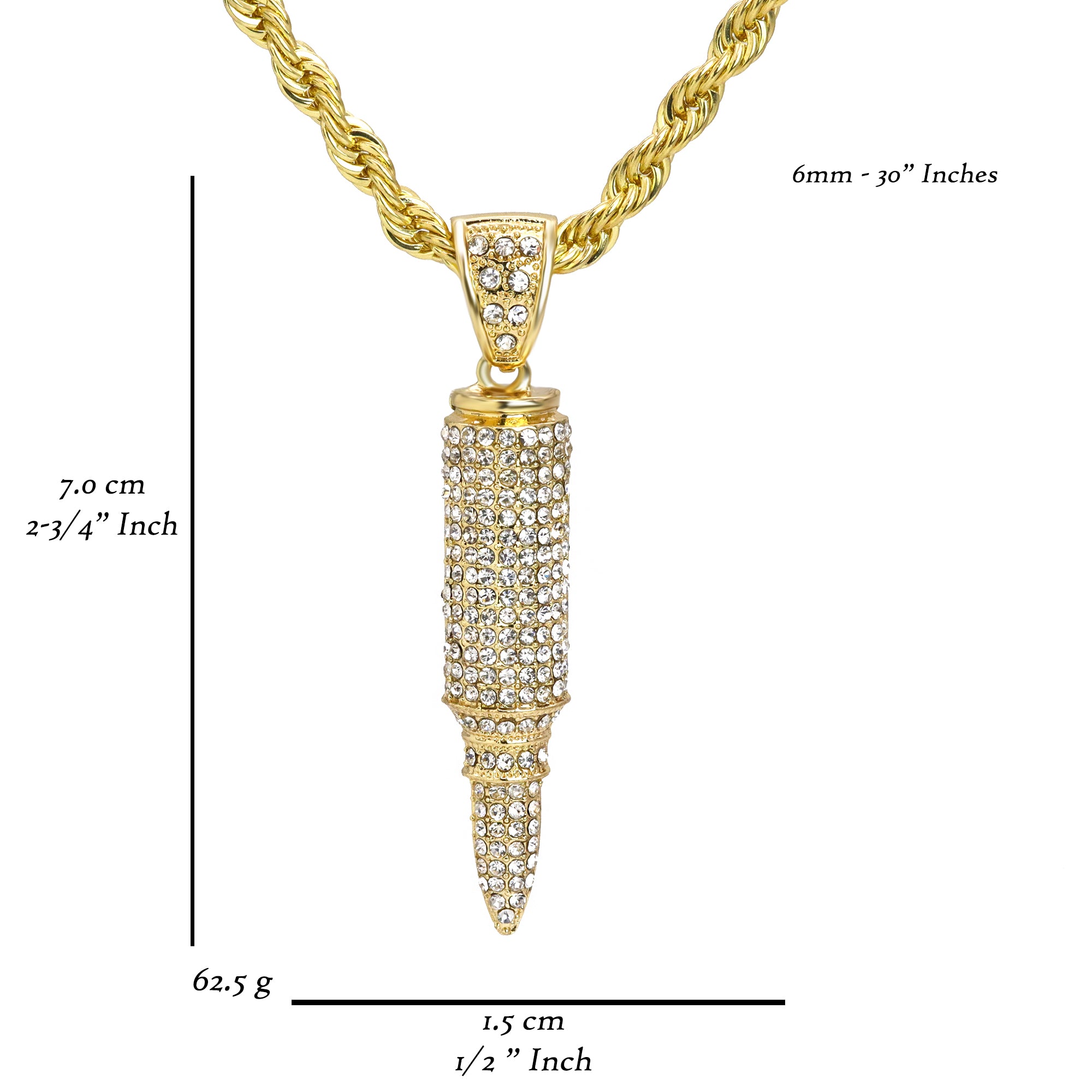 Bullet Ak Iced Out Pendant 30" Rope Chain Hip Hop Style 18k Gold Plated