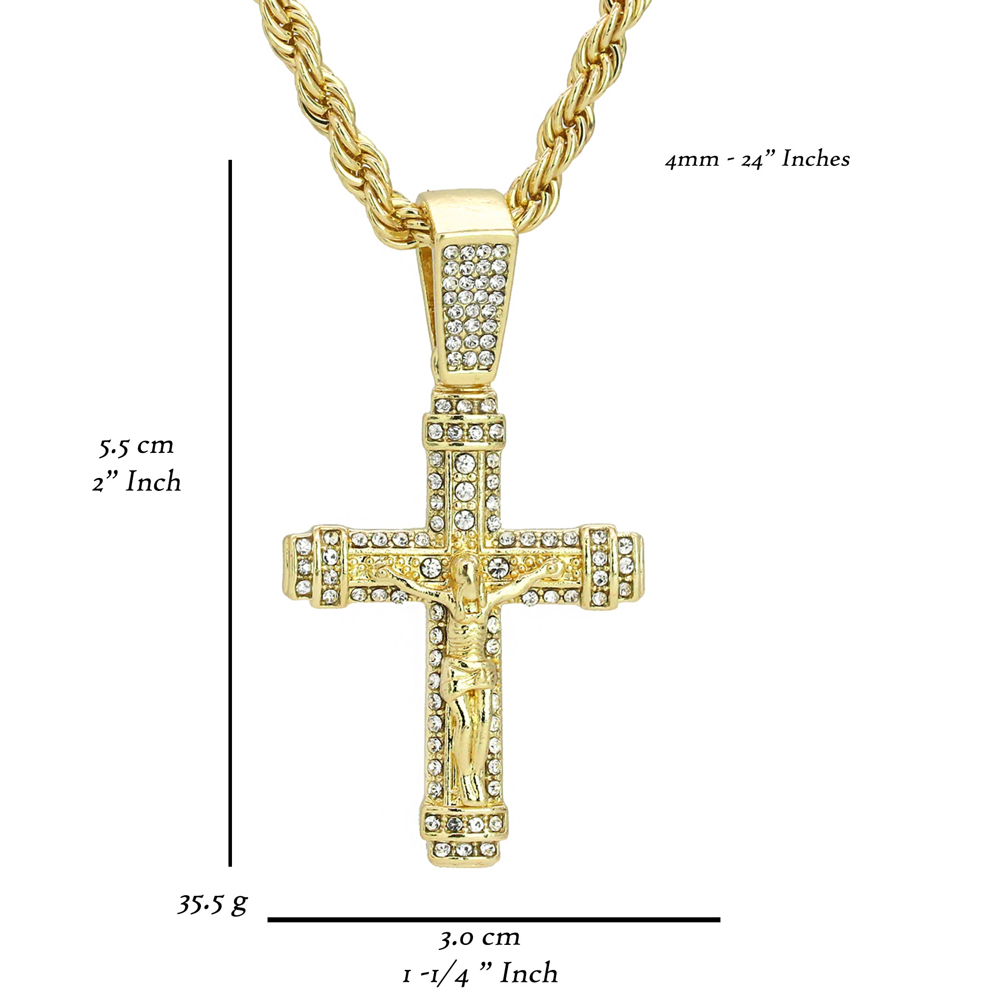 012 Jesus Cross Pendant 24" Rope Chain Men's 18k Gold Plated Jewelry