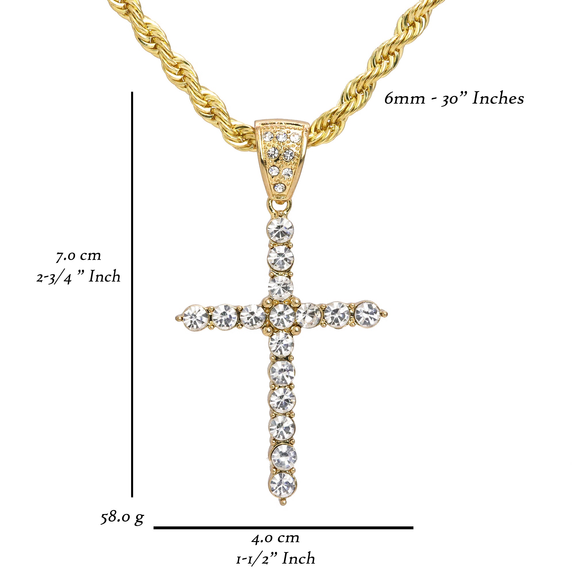 Stone Cross Pendant 30" Rope Chain Hip Hop Style 18k Gold Plated