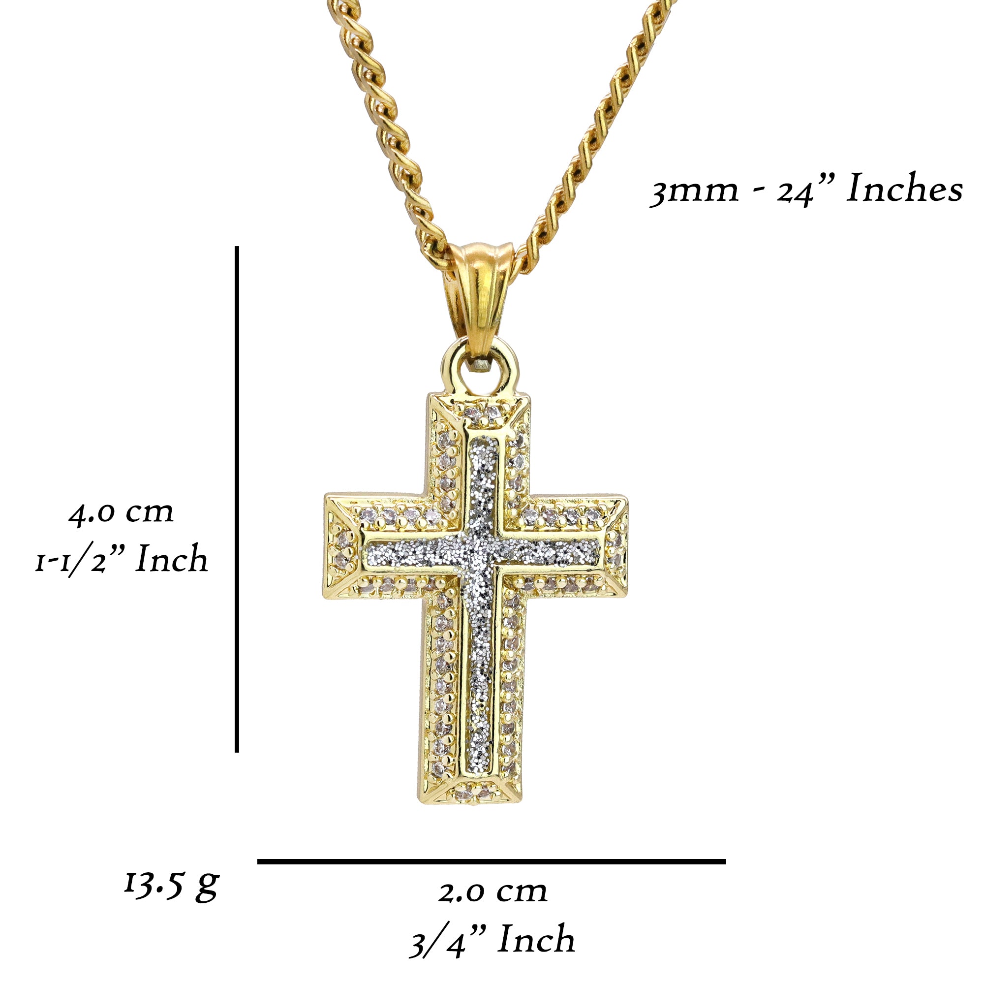 Voided Stardust Cross Pendant 24" Cuban Chain Hip Hop Style 18k Gold Stainless Steel
