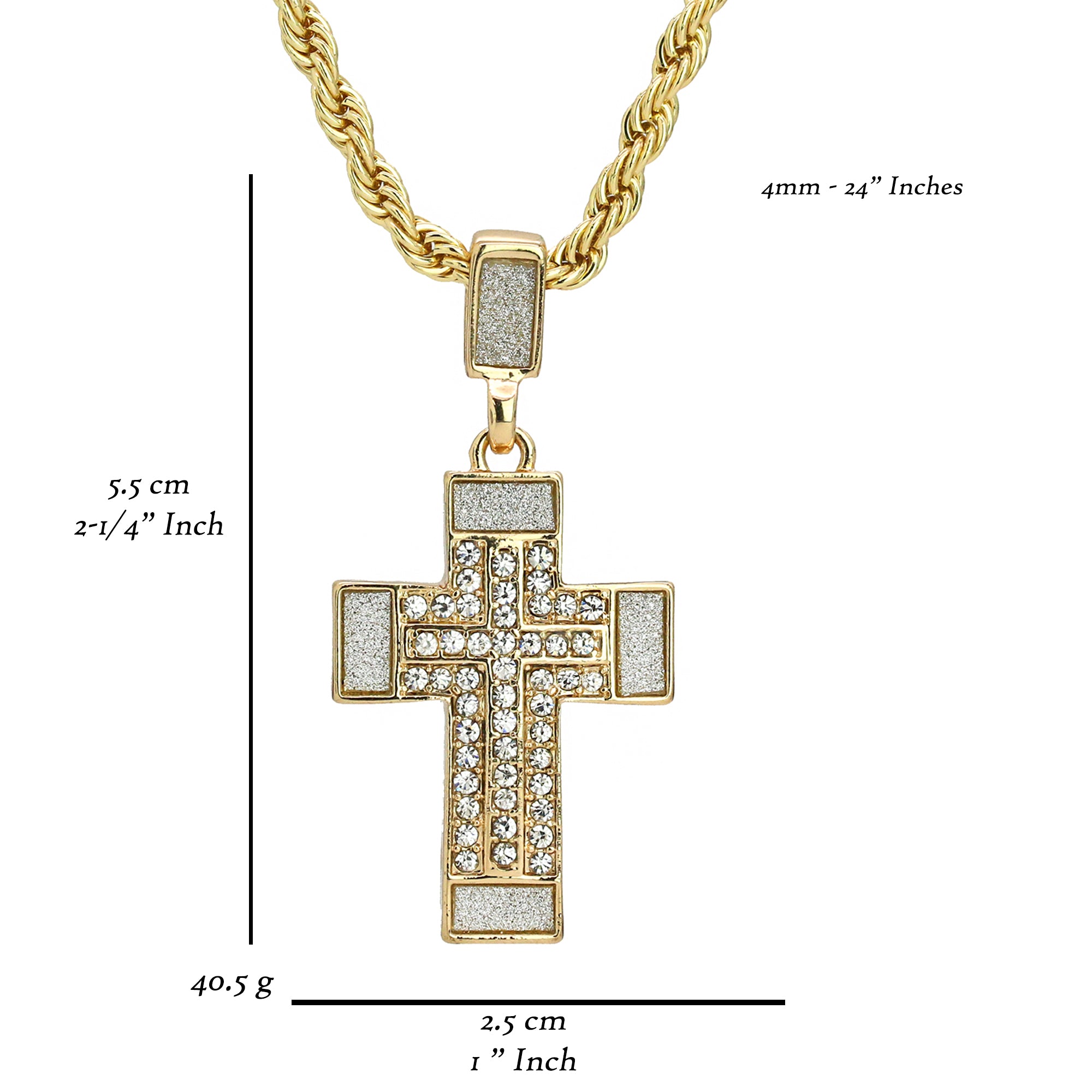Stardust Stample Cross Pendant 24" Rope Chain Men's 18k Gold Plated Jewelry