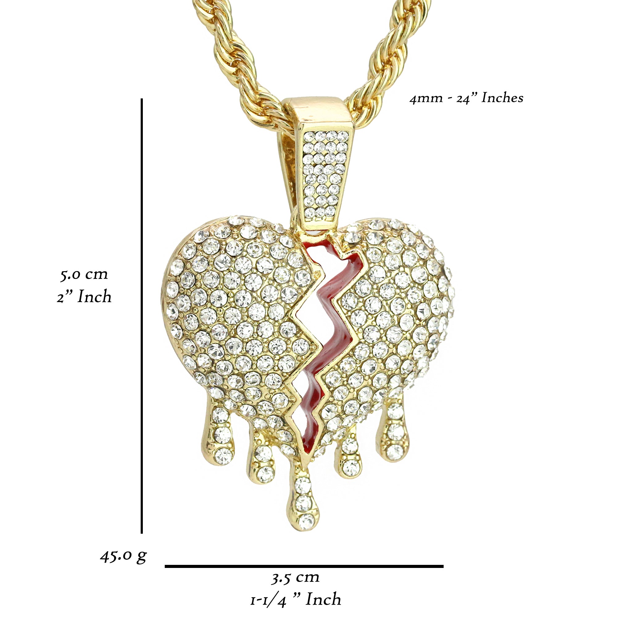 Drip Broken Heart Pendant 4mm 24" Rope Chain 18k Gold Plated