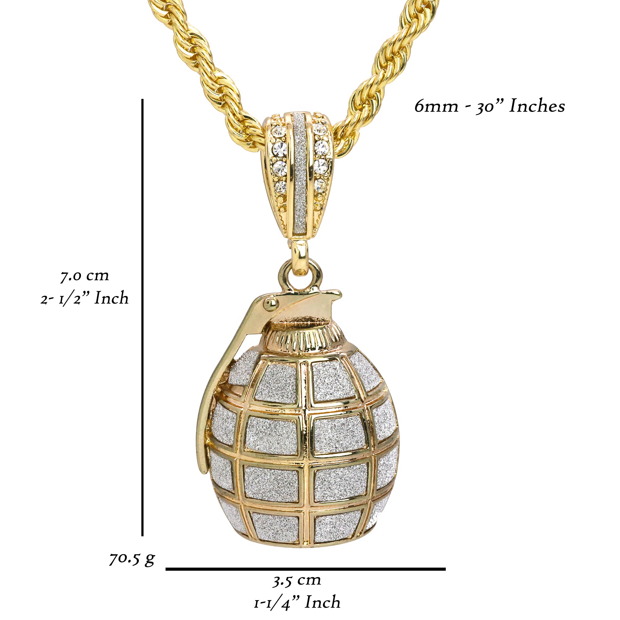 Silver Stardust Grenade Pendant 30" Rope Chain Hip Hop Style 18k Gold Plated