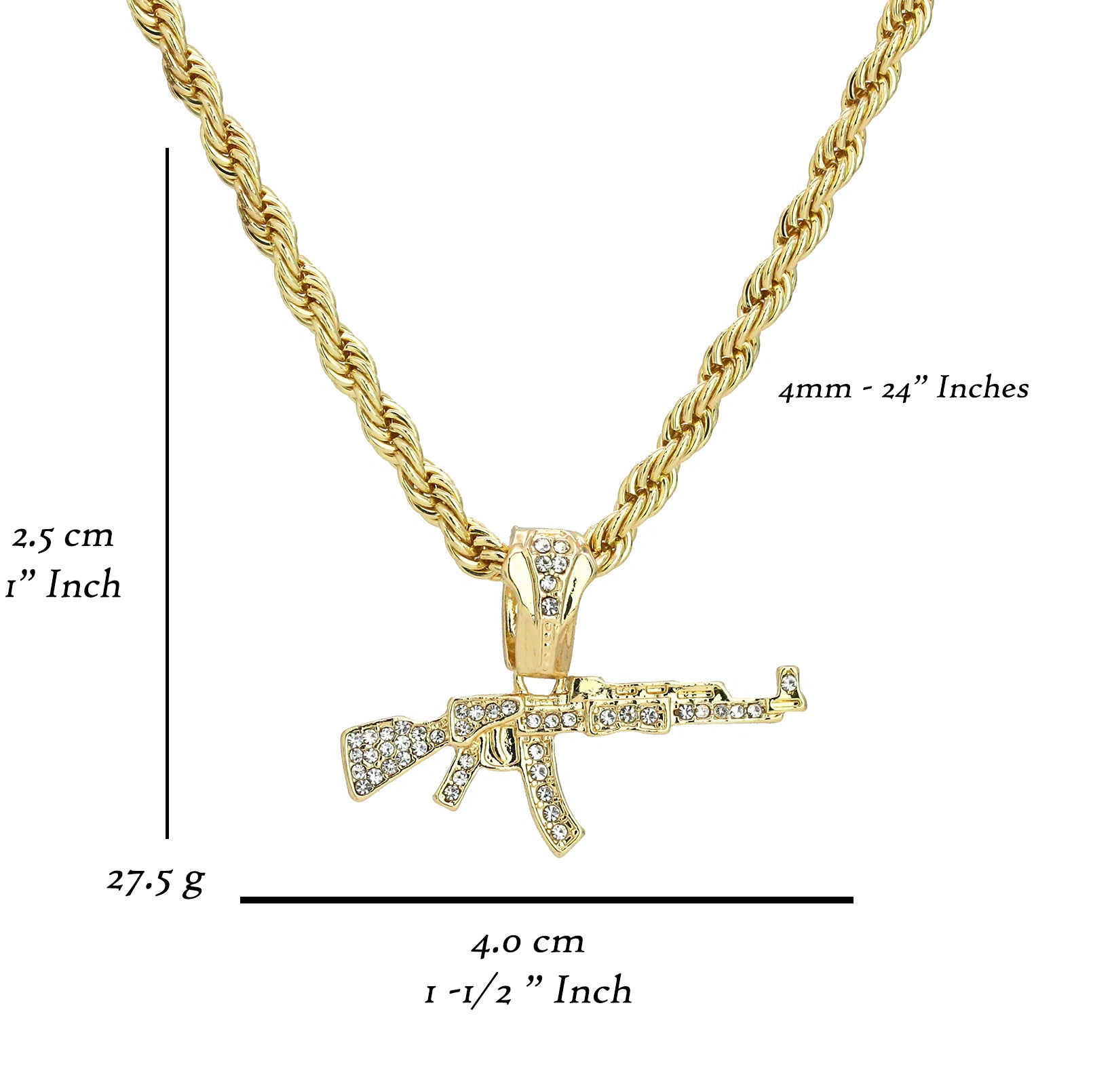 Ak-47 Gun Pendant 24" Rope Chain Men's 18k Gold Plated Jewelry