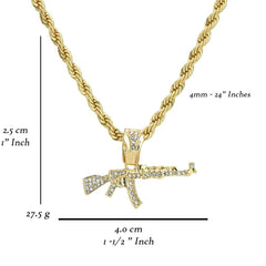 Ak-47 Gun Pendant 24" Rope Chain Men's 18k Gold Plated Jewelry