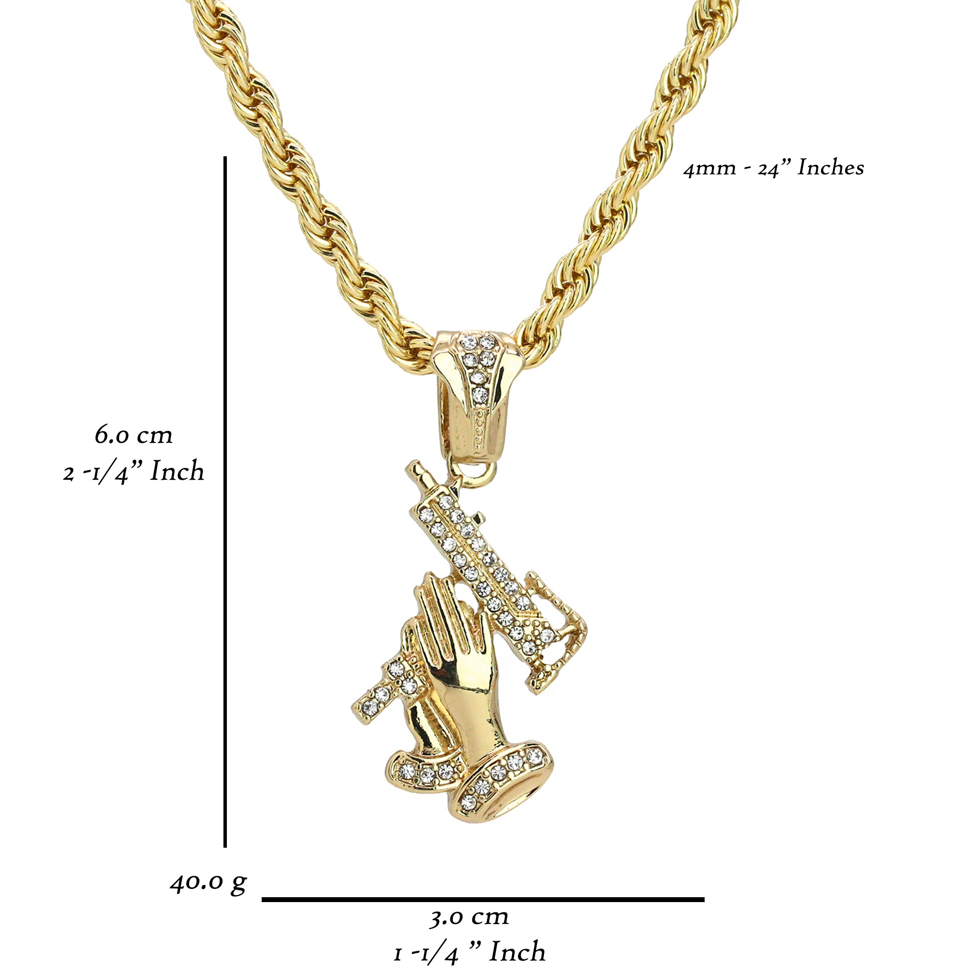 Prayer Hand Uzi Gun Pendant 24" Rope Chain Men's 18k Gold Plated Jewelry