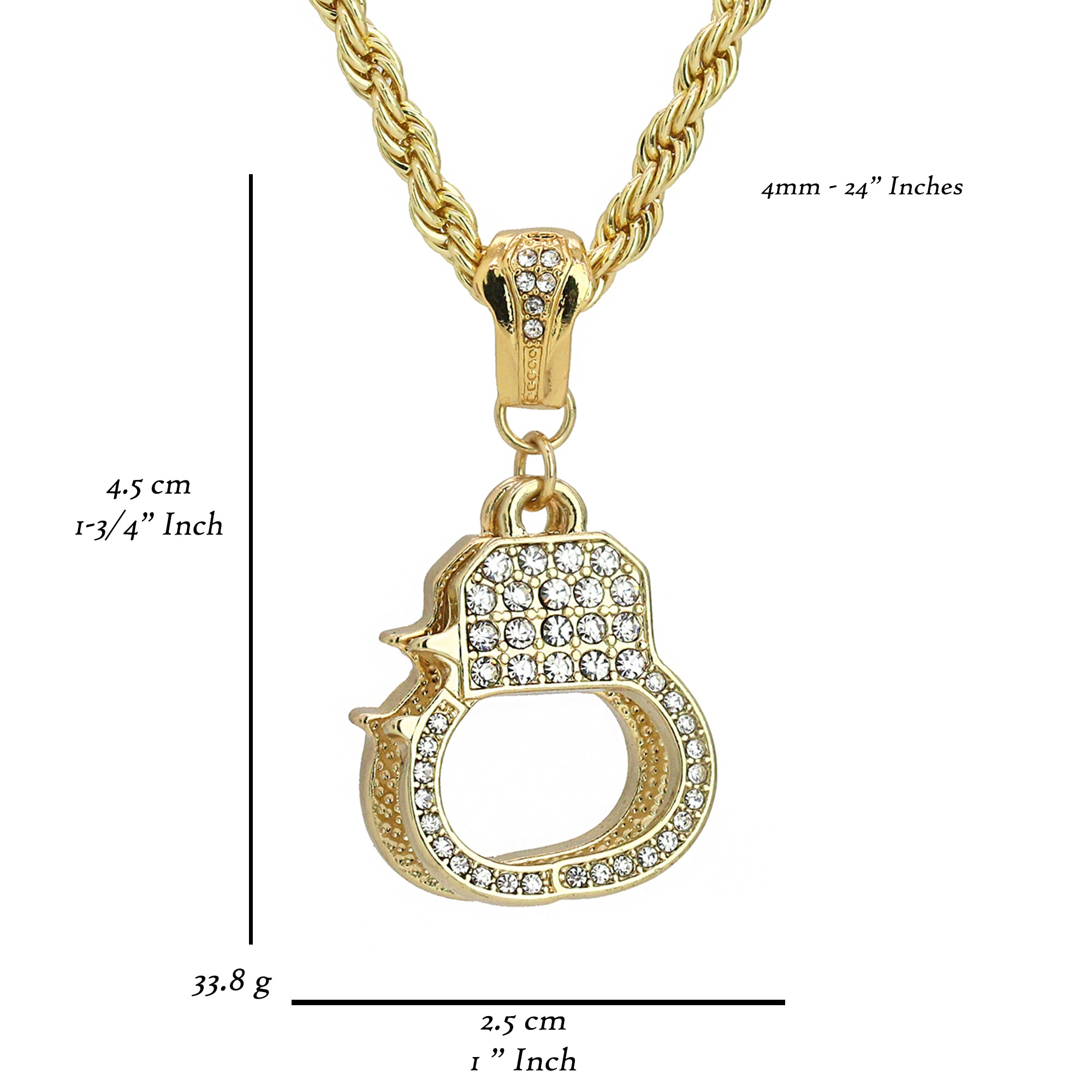 Iced Handcuff Pendant 24" Rope Chain Men's 18k Gold Plated Jewelry