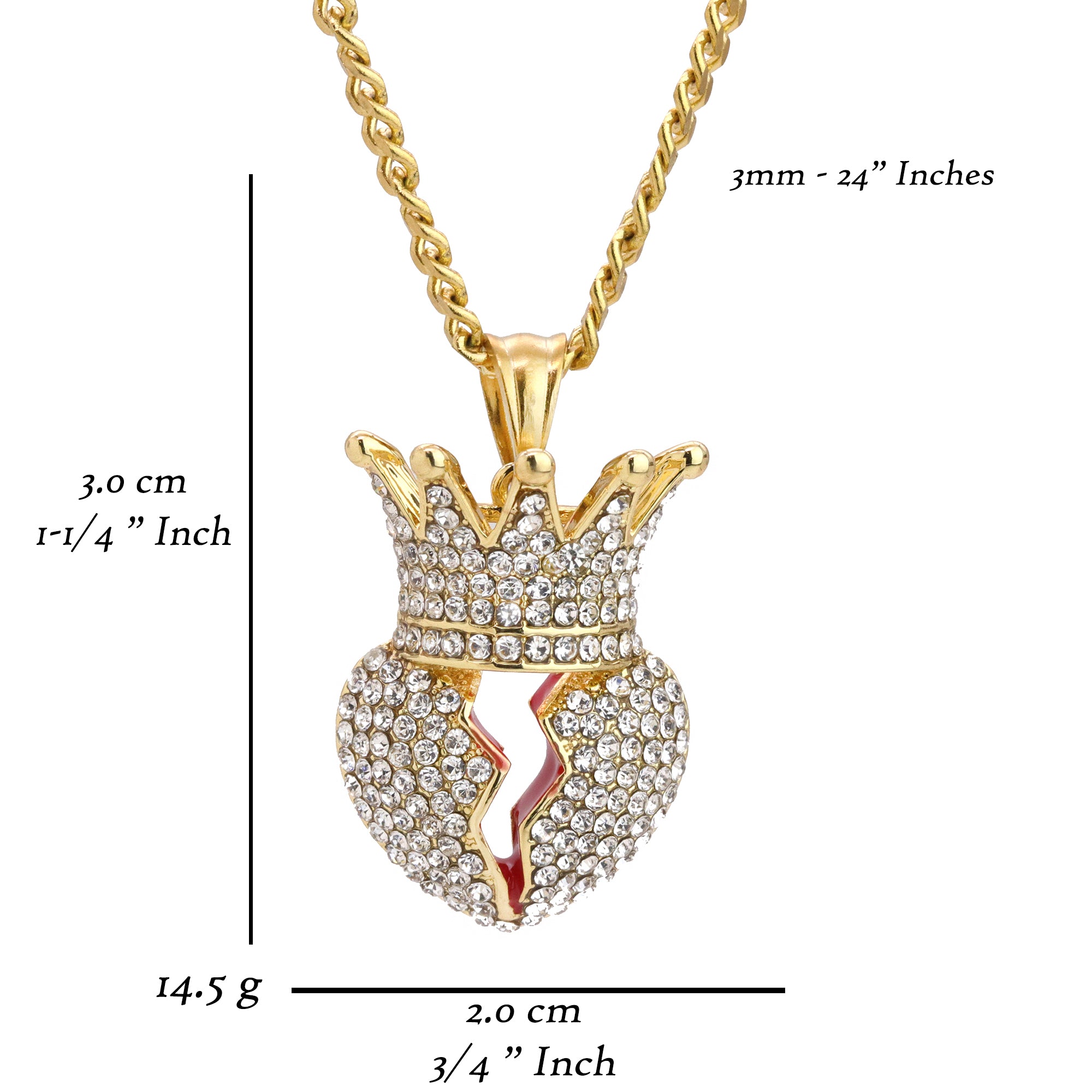 Crowned Broken Heart Pendant 24" Cuban Chain Hip Hop Style 18k Gold Stainless Steel