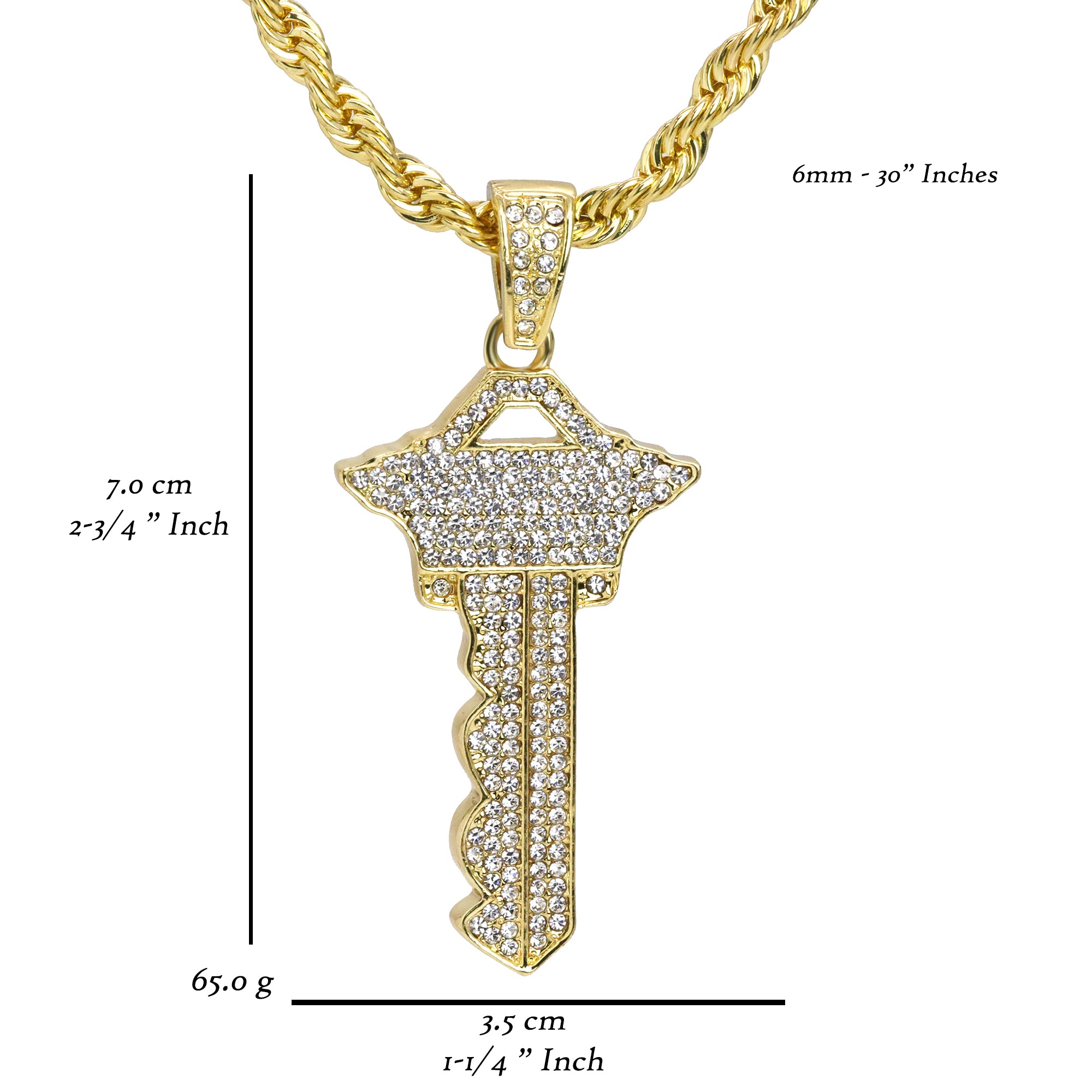Iced Master Key Pendant 30" Rope Chain Hip Hop Style 18k Gold Plated
