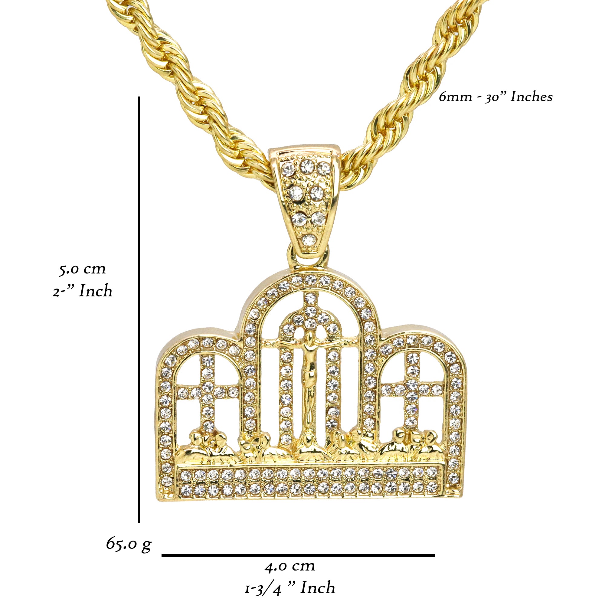 Last Supper Temple Pendant 30" Rope Chain Hip Hop Style 18k Gold Plated