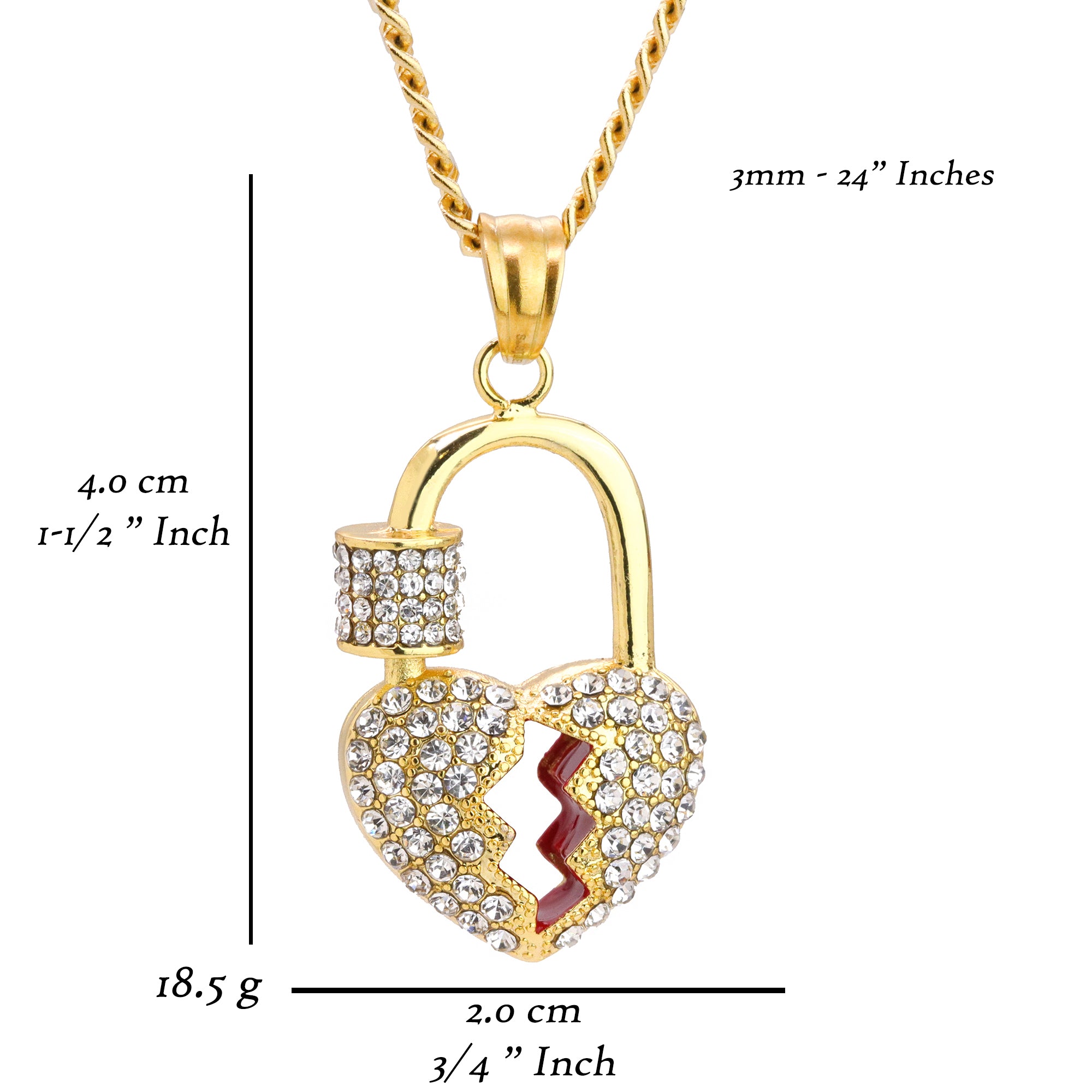 Lock Broken Heart Pendant 24" Cuban Chain Hip Hop Style 18k Gold Stainless Steel