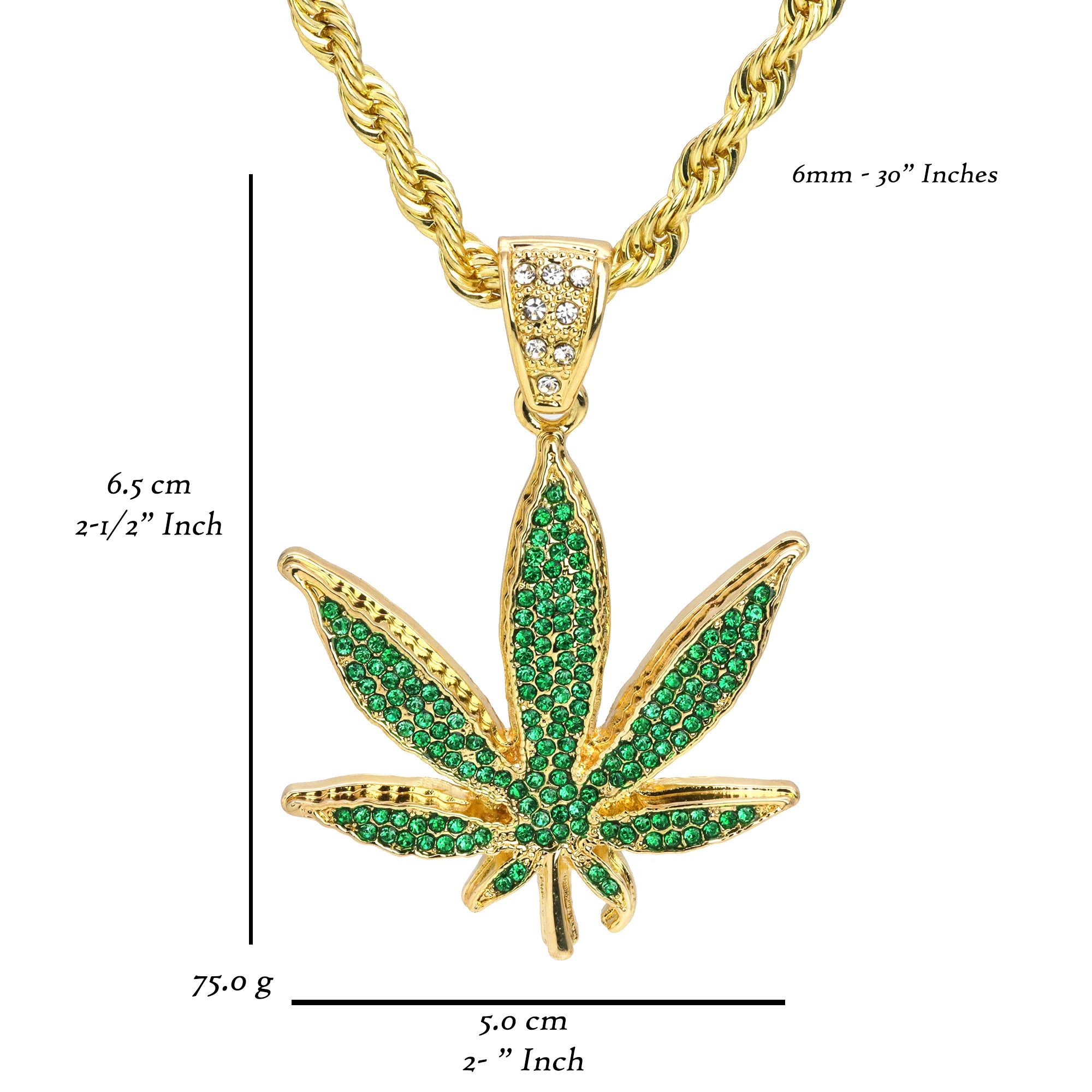 Green Marijuana Leaf Pendant 30" Rope Chain Hip Hop Style 18k Gold Plated