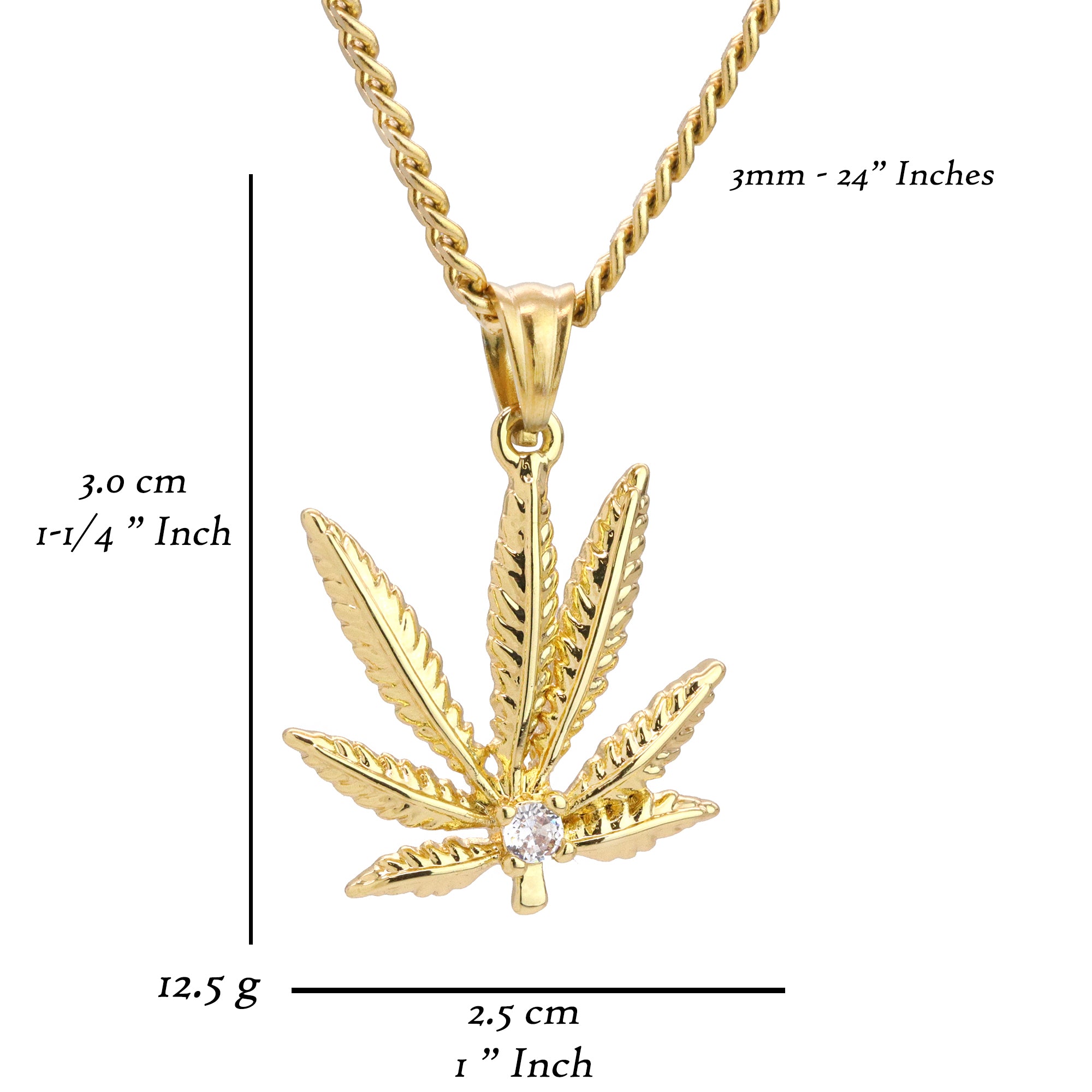 Marijuana Leaf Pendant 24" Cuban Chain Hip Hop Style 18k Gold Stainless Steel
