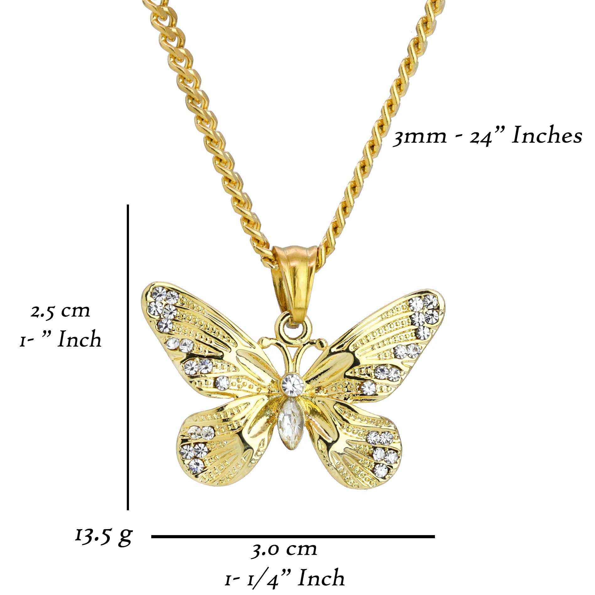 Butterfly Pendant 24" Cuban Chain Hip Hop Style 18k Gold Stainless Steel