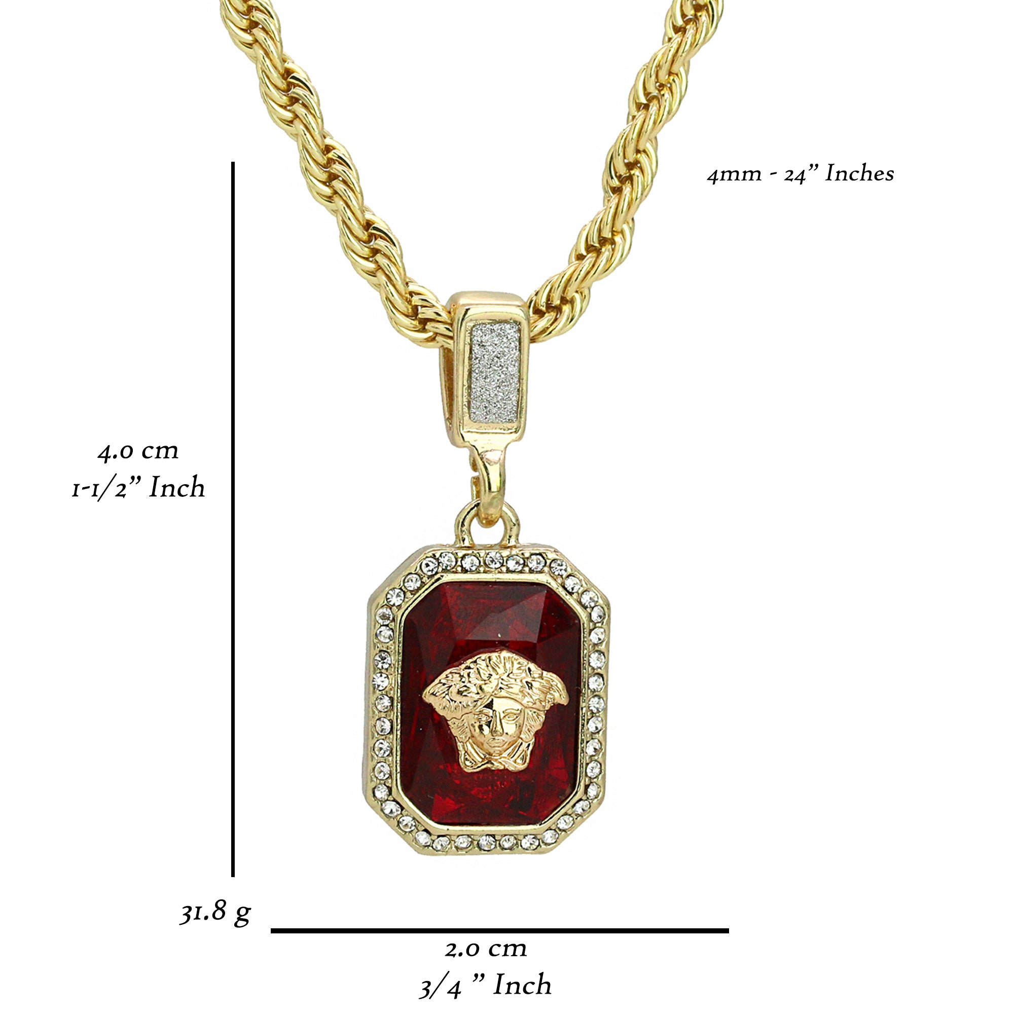 Red Ruby Medusa Face Pendant 24" Rope Chain Men's 18k Gold Plated Jewelry