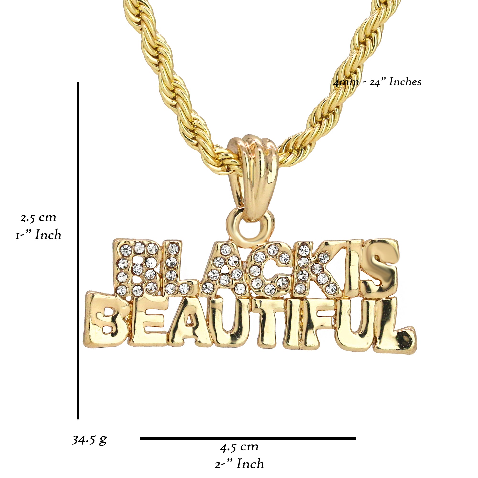 Black Is Beautiful Pendant 18K 24" Rope Chain Hip Hop Jewelry