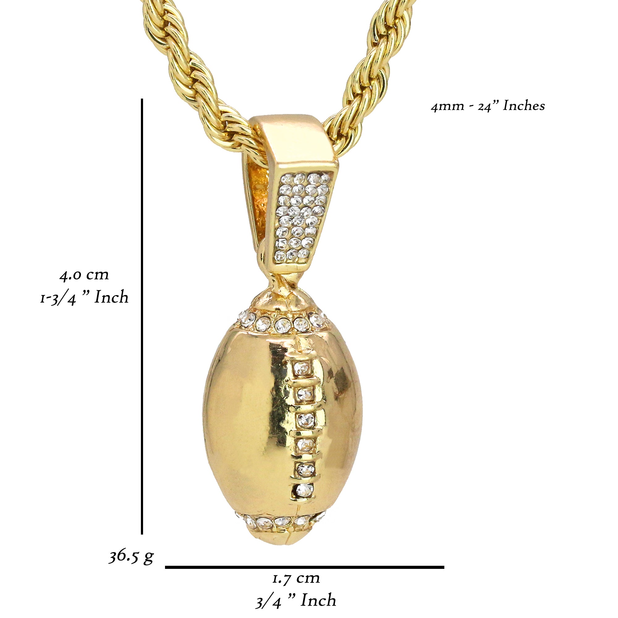 Football Pendant 18K 24" Rope Chain Hip Hop Jewelry