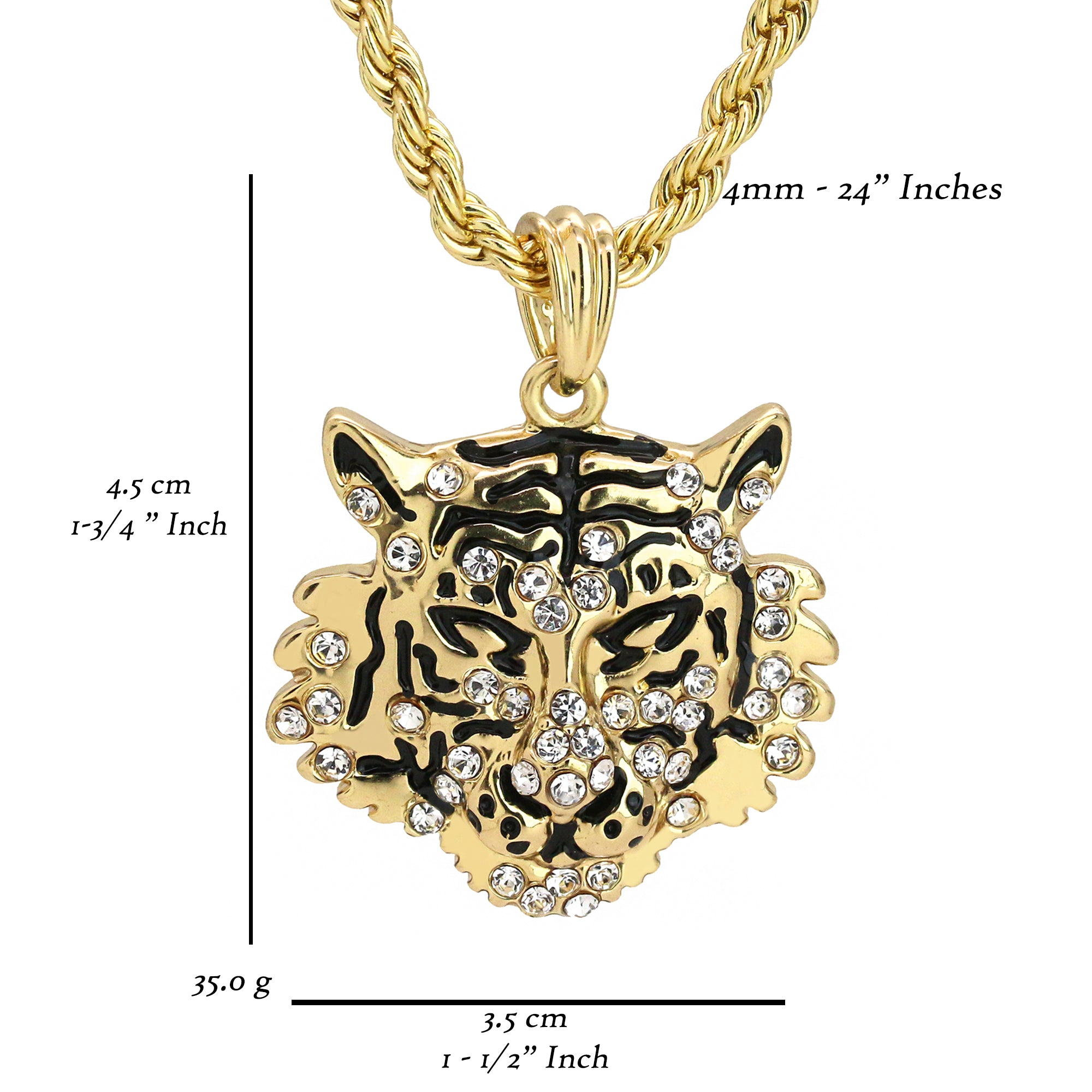 Iced Tiger Face Pendant 18K 24" Rope Chain Hip Hop Jewelry