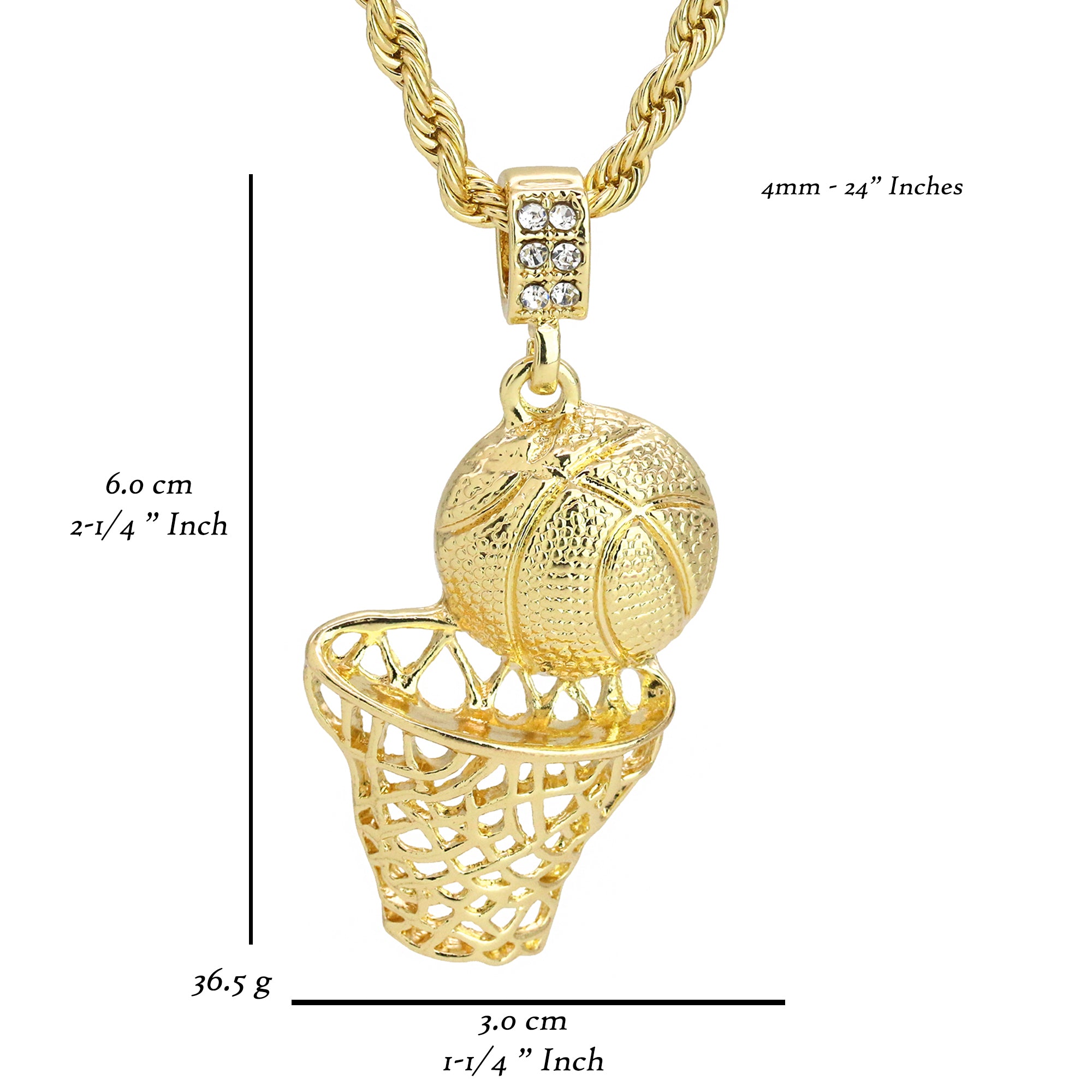 Plain Basketball Pendant 18K 24" Rope Chain Hip Hop Jewelry