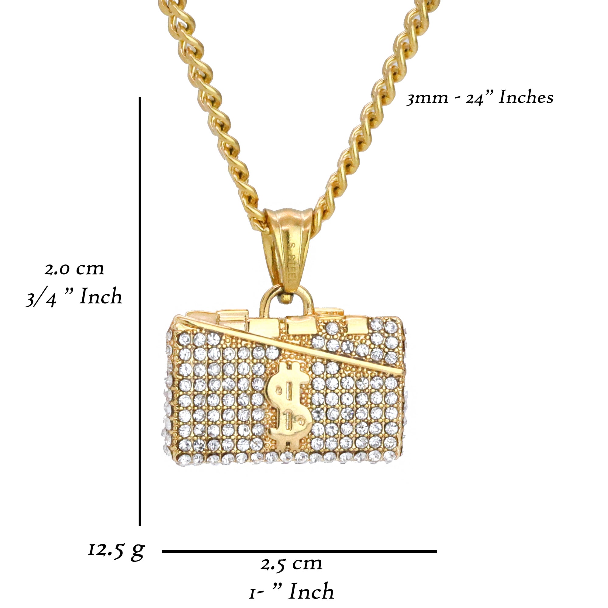 Icy Suitcase Money Sign Pendant 24" Cuban Chain Hip Hop Style 18k Gold Stainless Steel