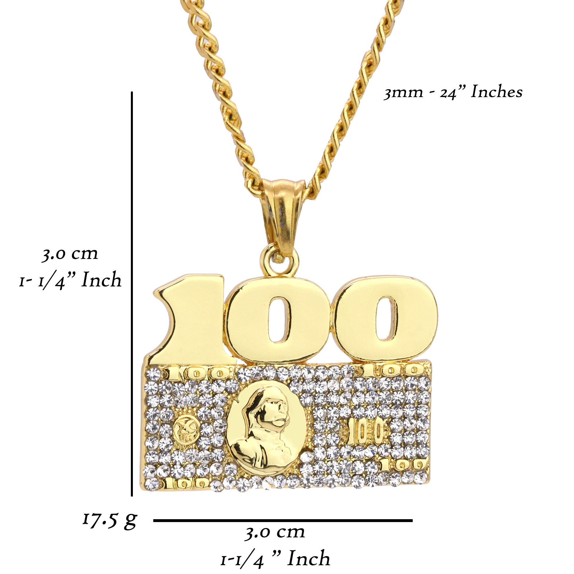 100 Dollar Bill Pendant 24" Cuban Chain Hip Hop Style 18k Gold Stainless Steel