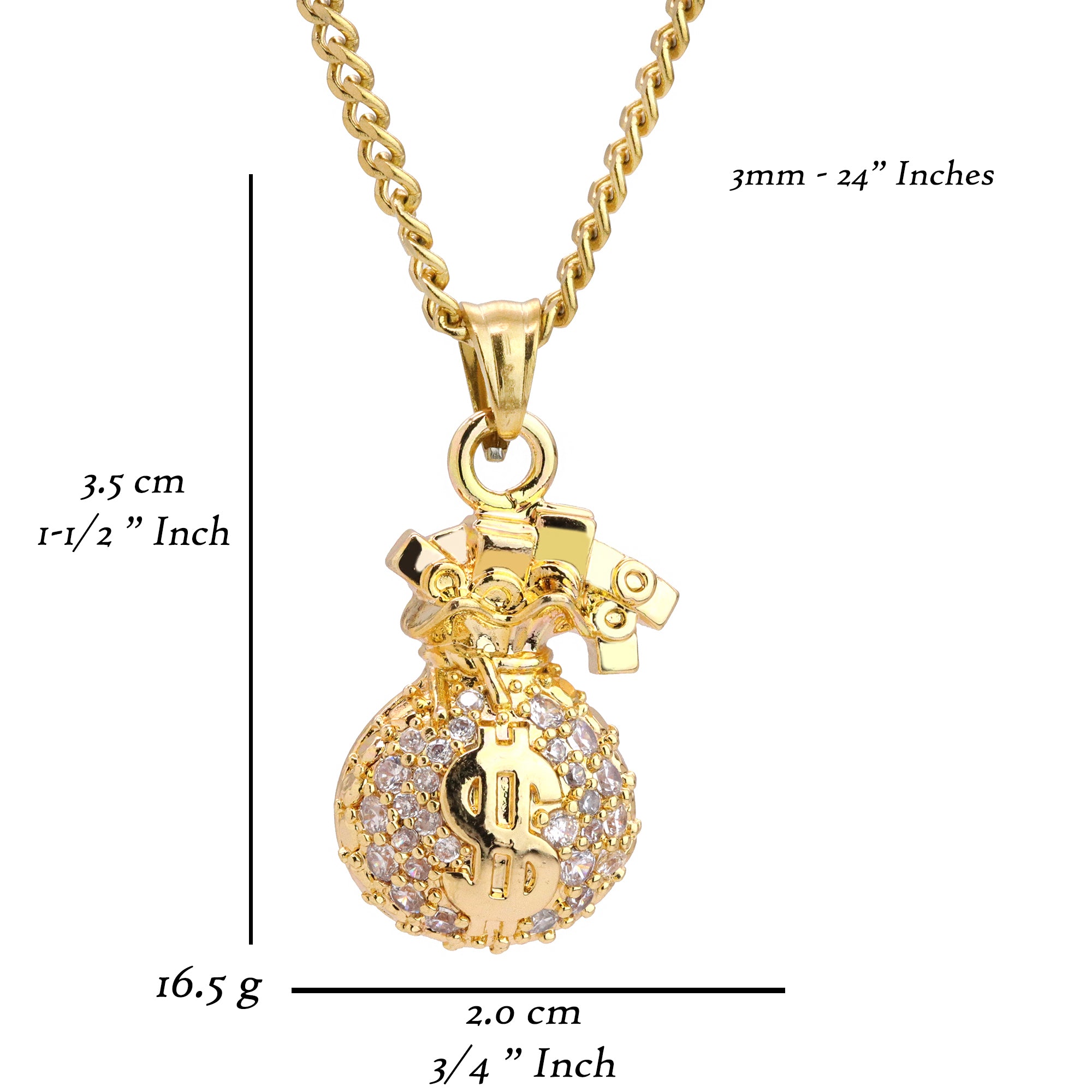 Money Bag Pendant 24" Cuban Chain Hip Hop Style 18k Gold Stainless Steel