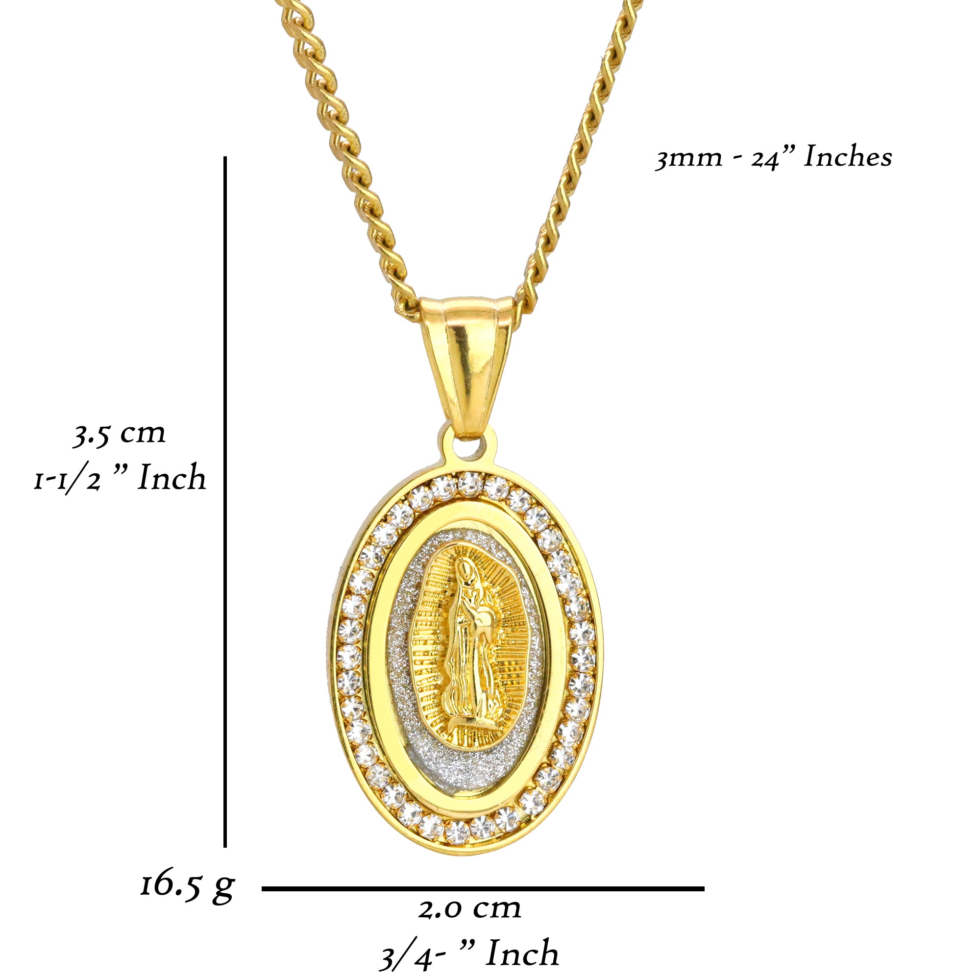 Oval Virgin Guadalupe Pendant 24" Cuban Chain Hip Hop Style 18k Gold Stainless Steel