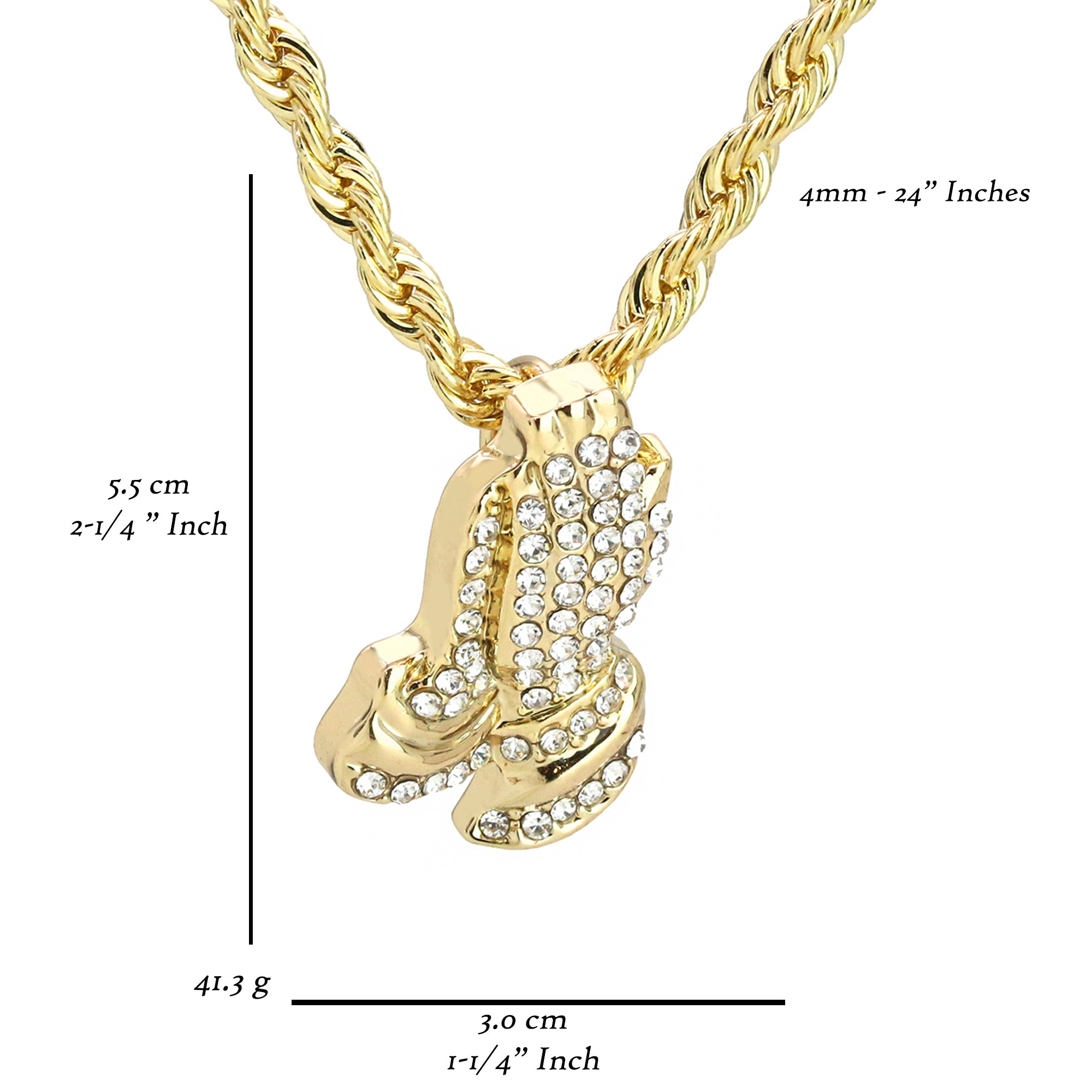 Praying Hands Pendant 24" Rope Chain Men's 18k Gold Plated Jewelry