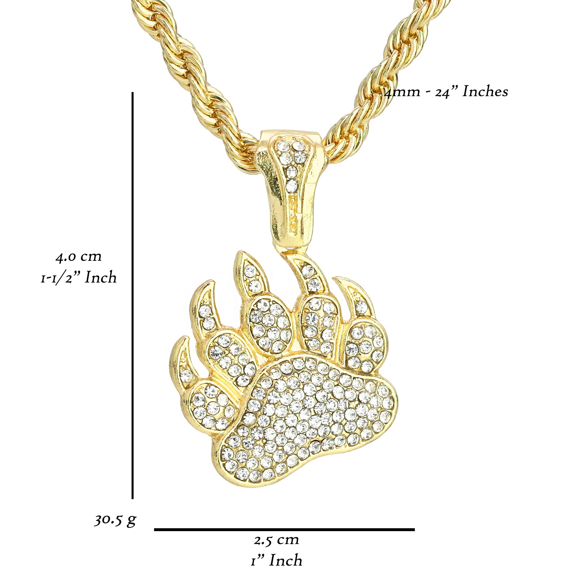 Bear Paw Pendant 4mm 24" Rope Chain 18k Gold Plated