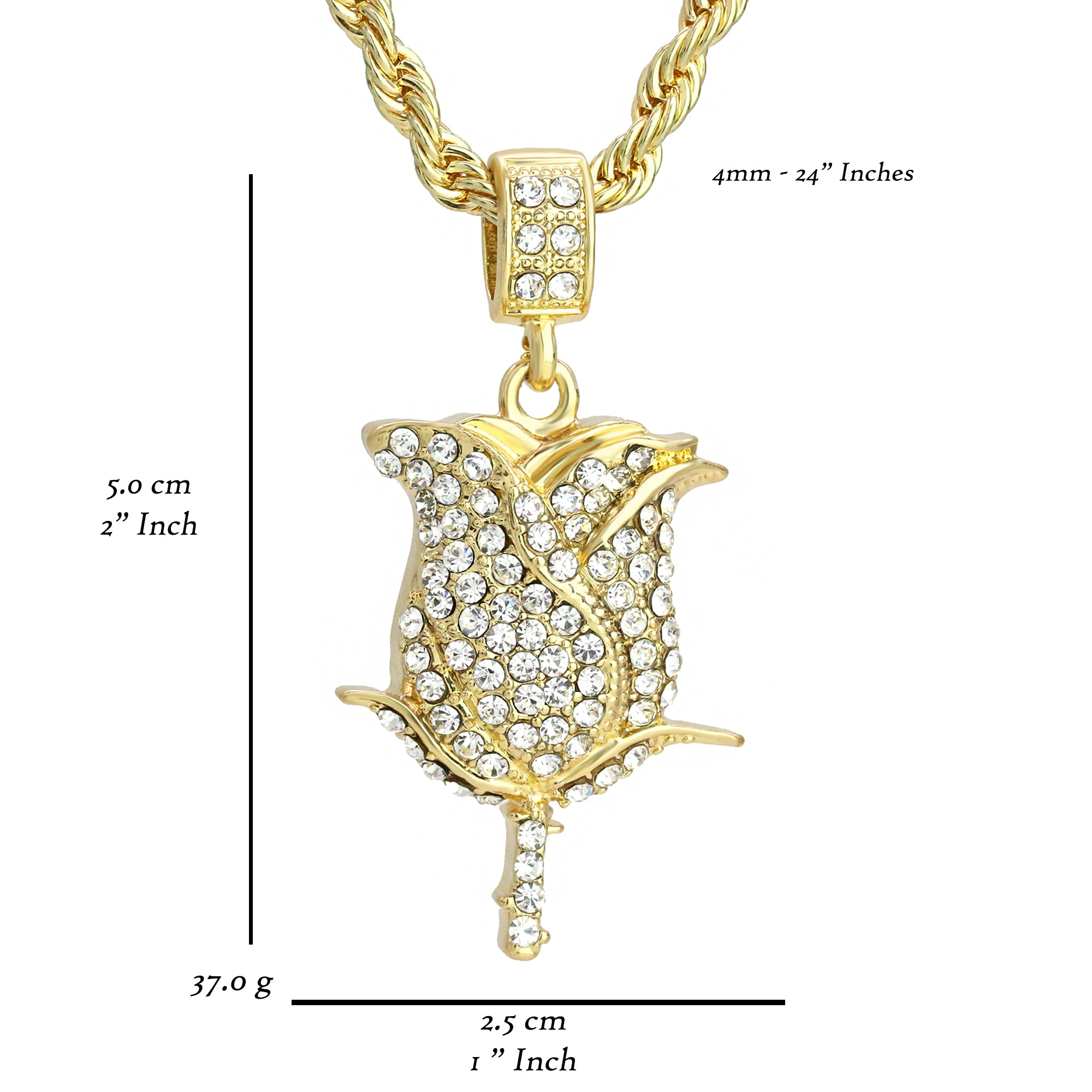 Rose Pendant 4mm 24" Rope Chain 18k Gold Plated