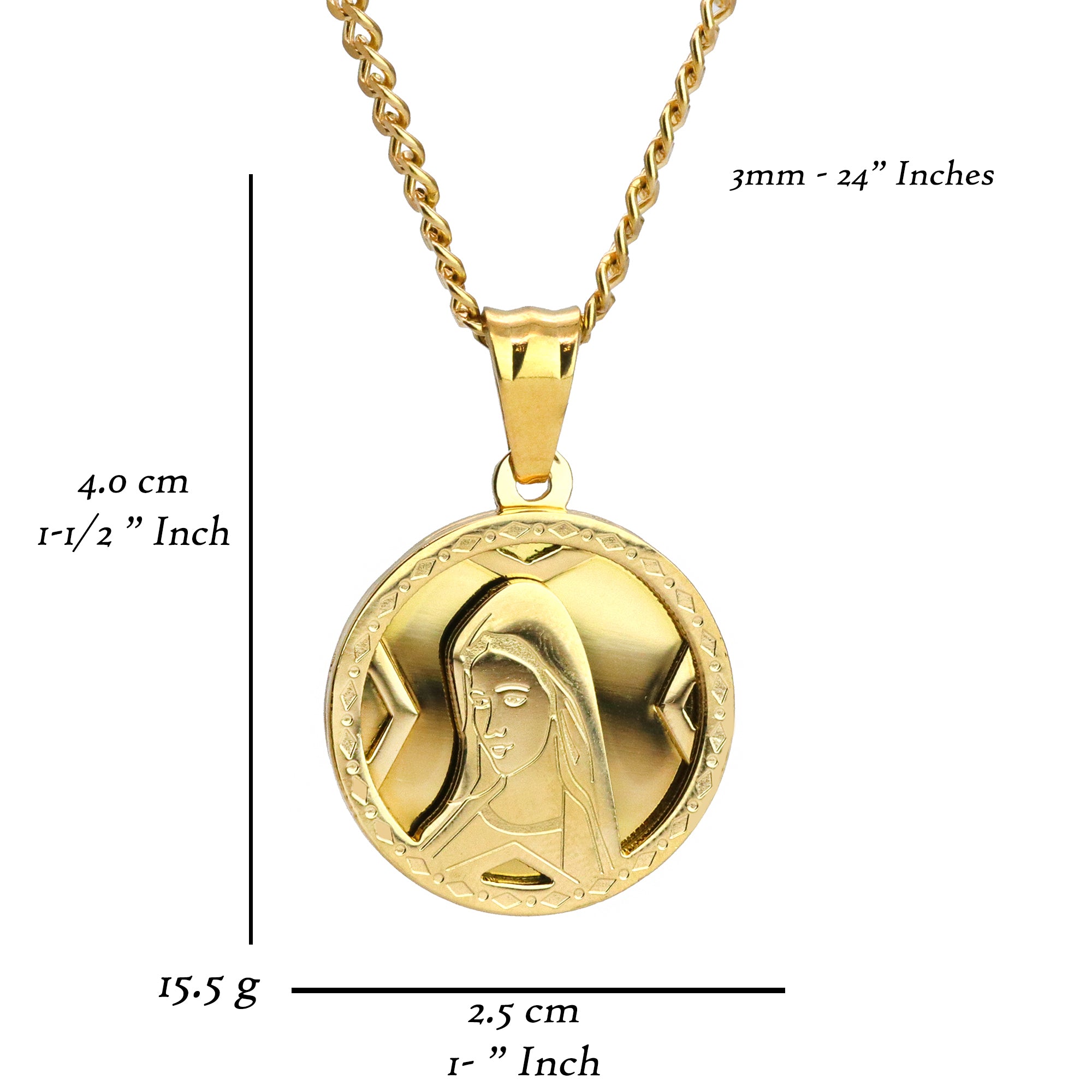 Mary Virgin Medallion Pendant 24" Cuban Chain Hip Hop Style 18k Gold Stainless Steel