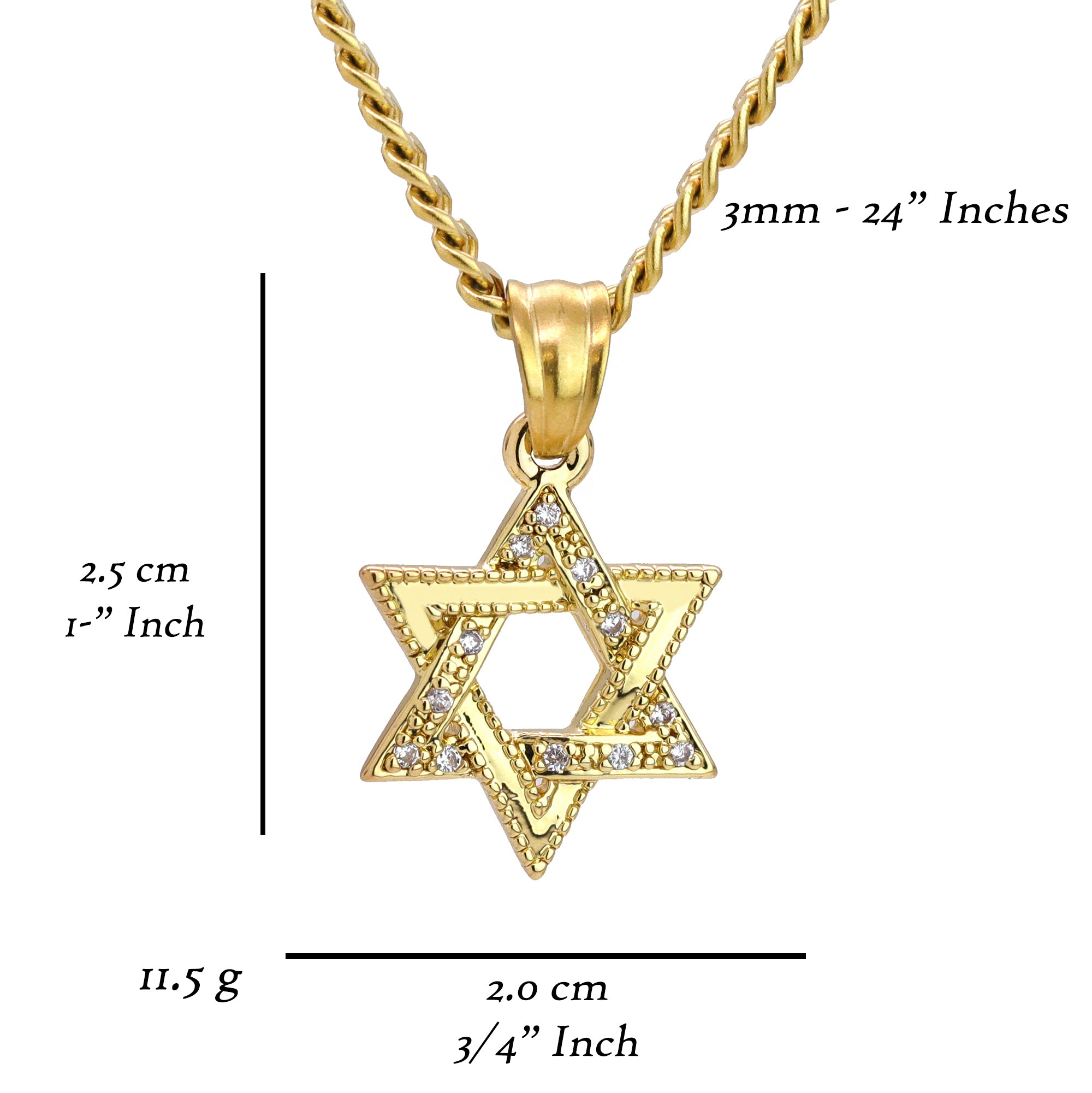 Star Of David Pendant 24" Cuban Chain Hip Hop Style 18k Gold Stainless Steel
