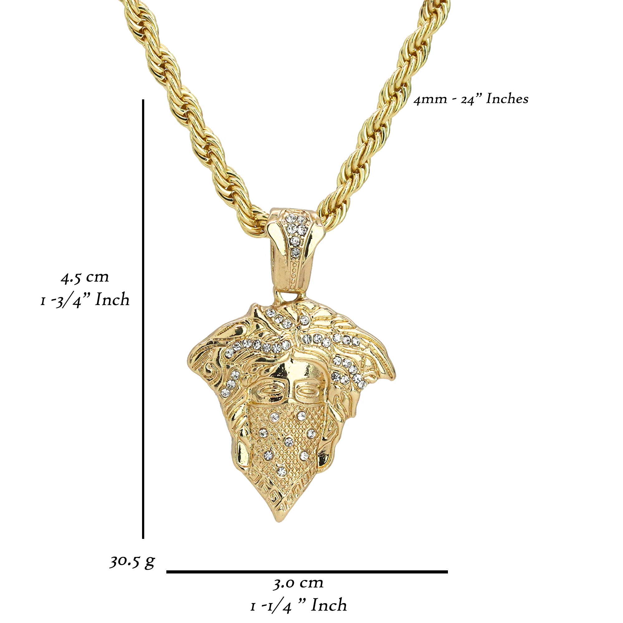Thug Medusa Pendant 24" Rope Chain Men's 18k Gold Plated Jewelry