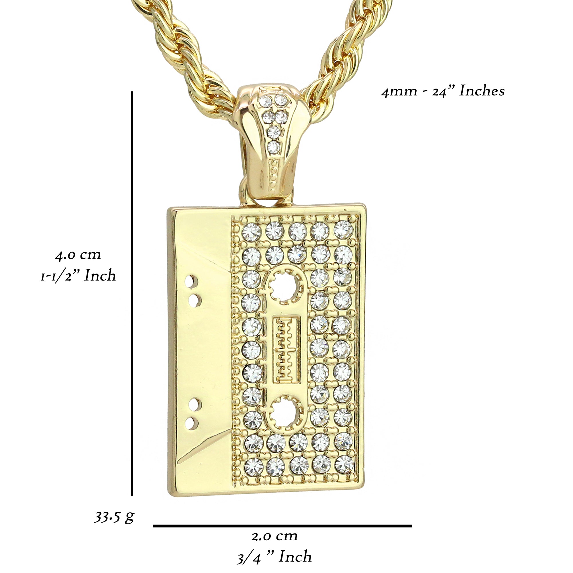Og Cassette Pendant 4mm 24" Rope Chain 18k Gold Plated
