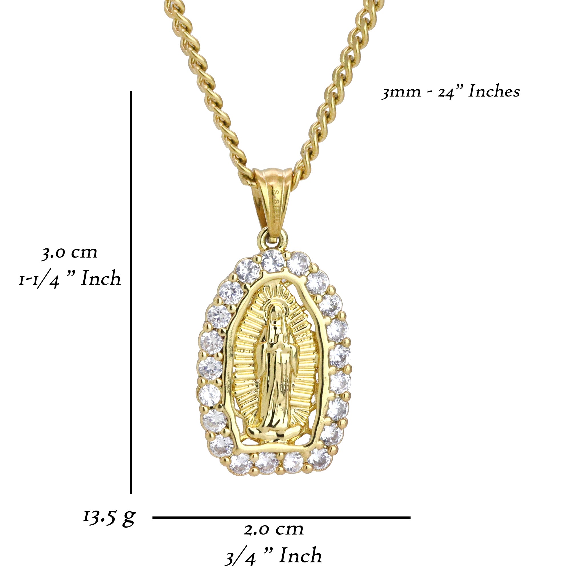 Icy Guadalupe Pendant 24" Cuban Chain Hip Hop Style 18k Gold Stainless Steel