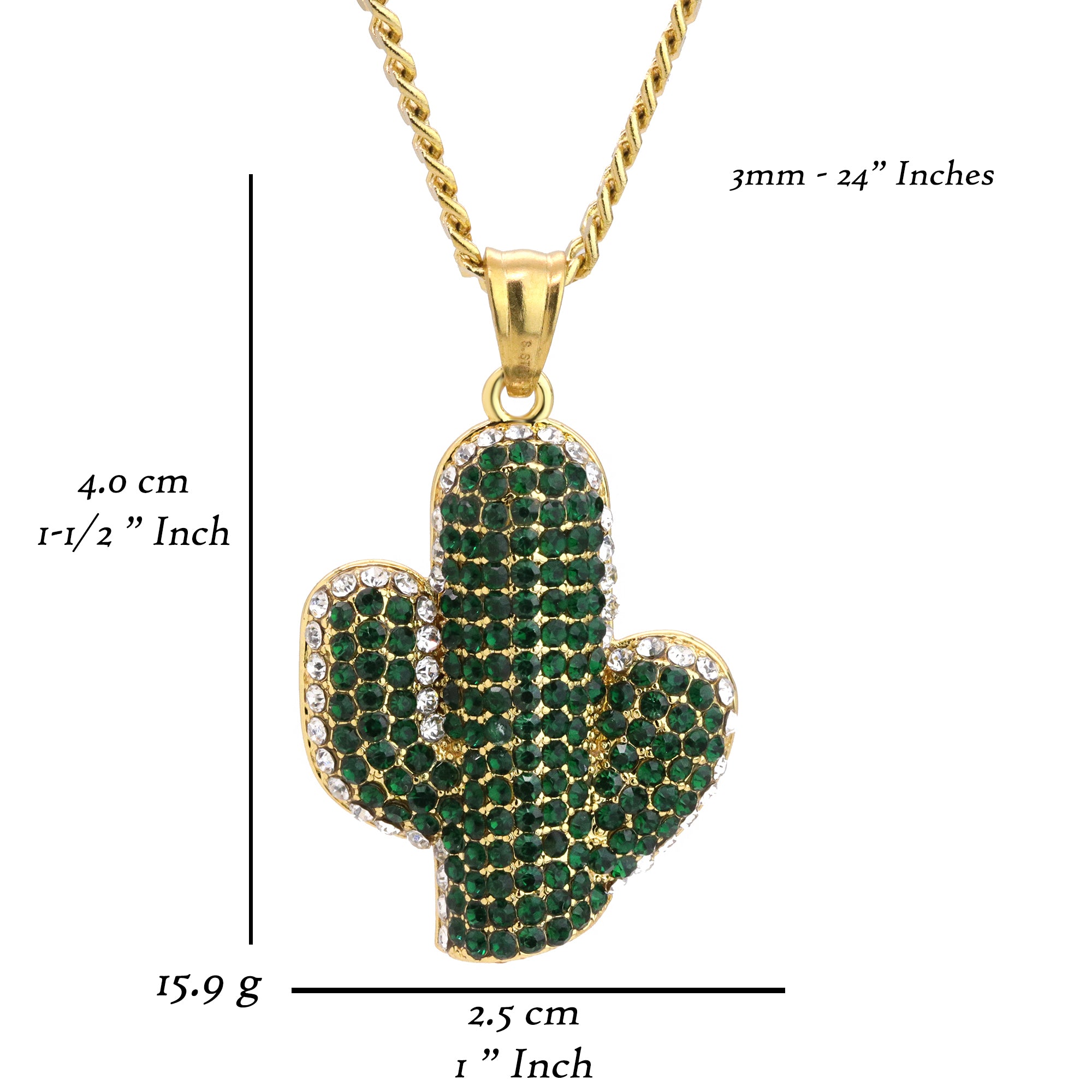 Green Cactus Pendant 24" Cuban Chain Hip Hop Style 18k Gold Stainless Steel