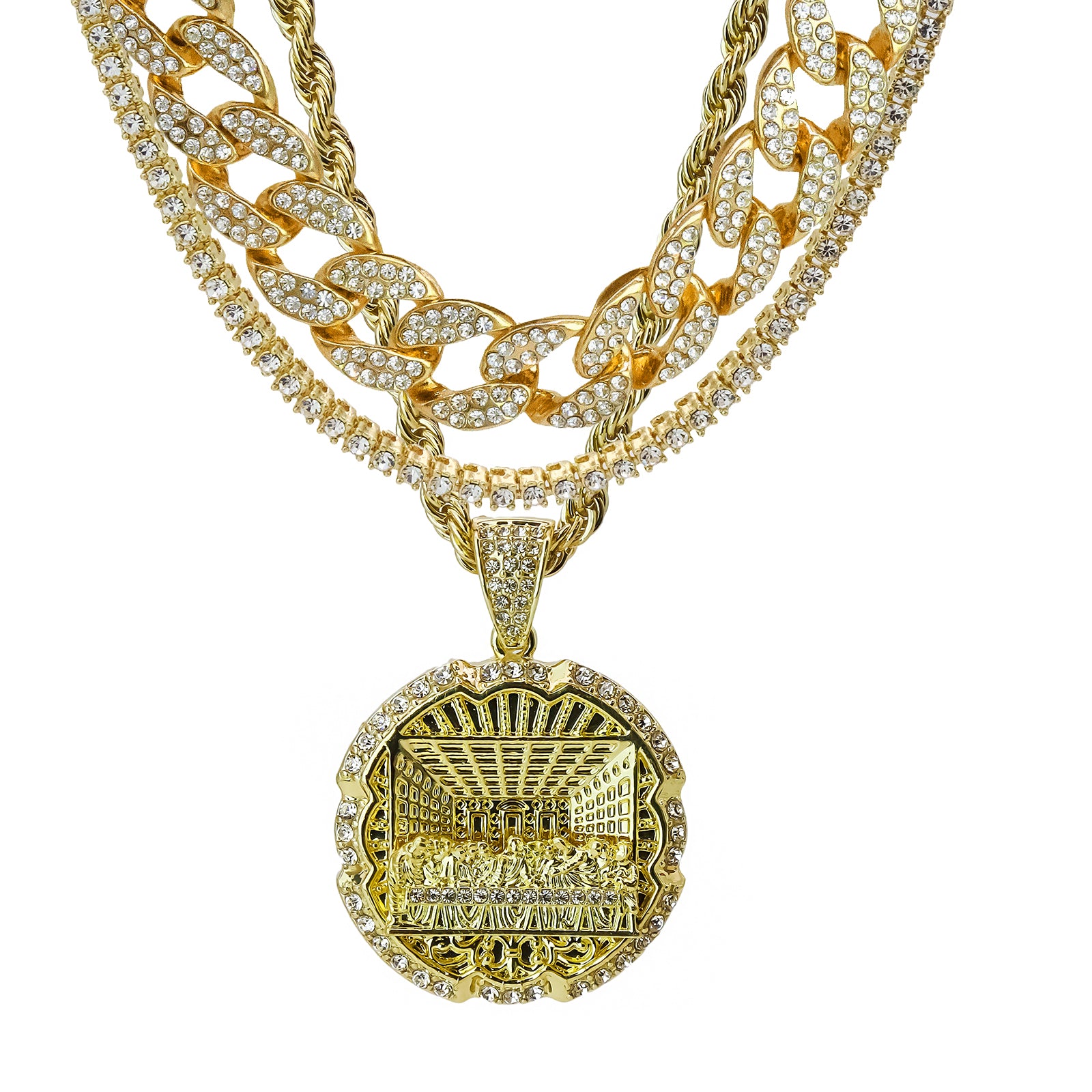 Round Last Supper 4 Pcs Set Clear Cz Cuban, Tennis & Rope Chain Bundle Gold PT