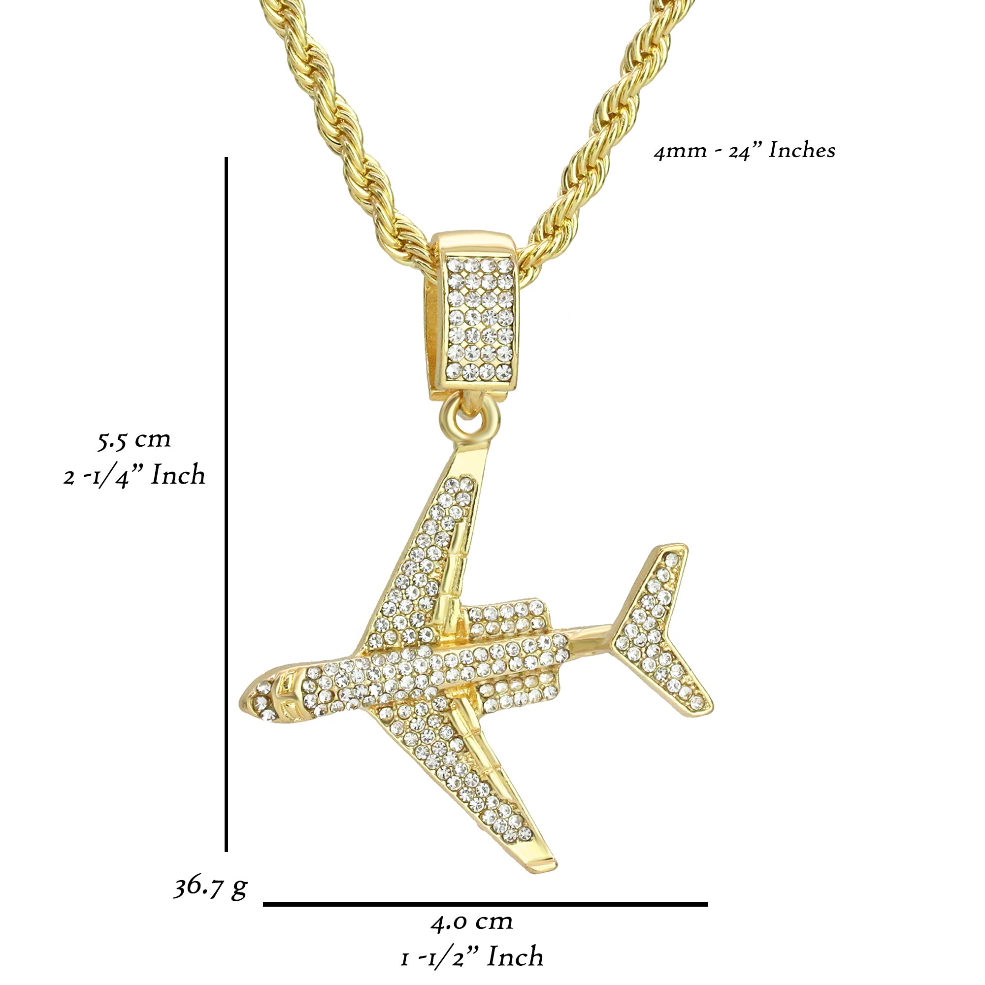 Exquisite Iced Air Plane Pendant Rope Chain Men's Hip Hop 18k Cz Jewelry