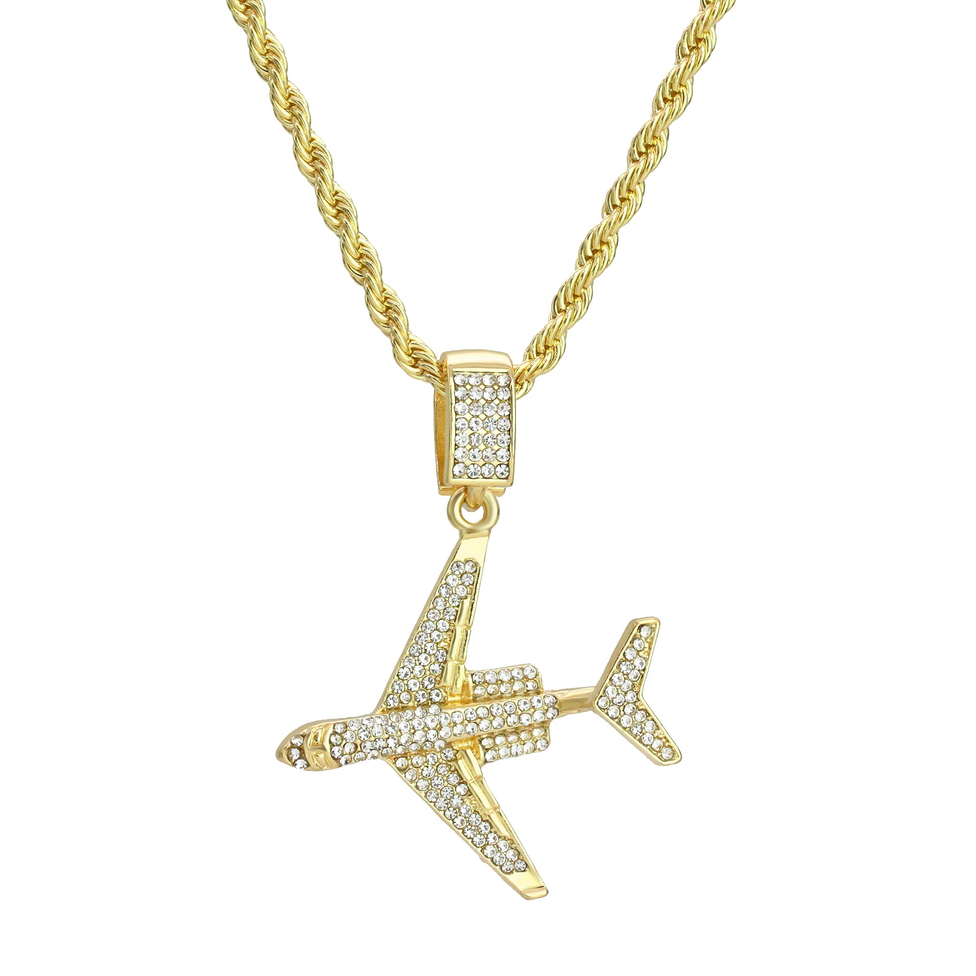 Exquisite Iced Air Plane Pendant Rope Chain Men's Hip Hop 18k Cz Jewelry