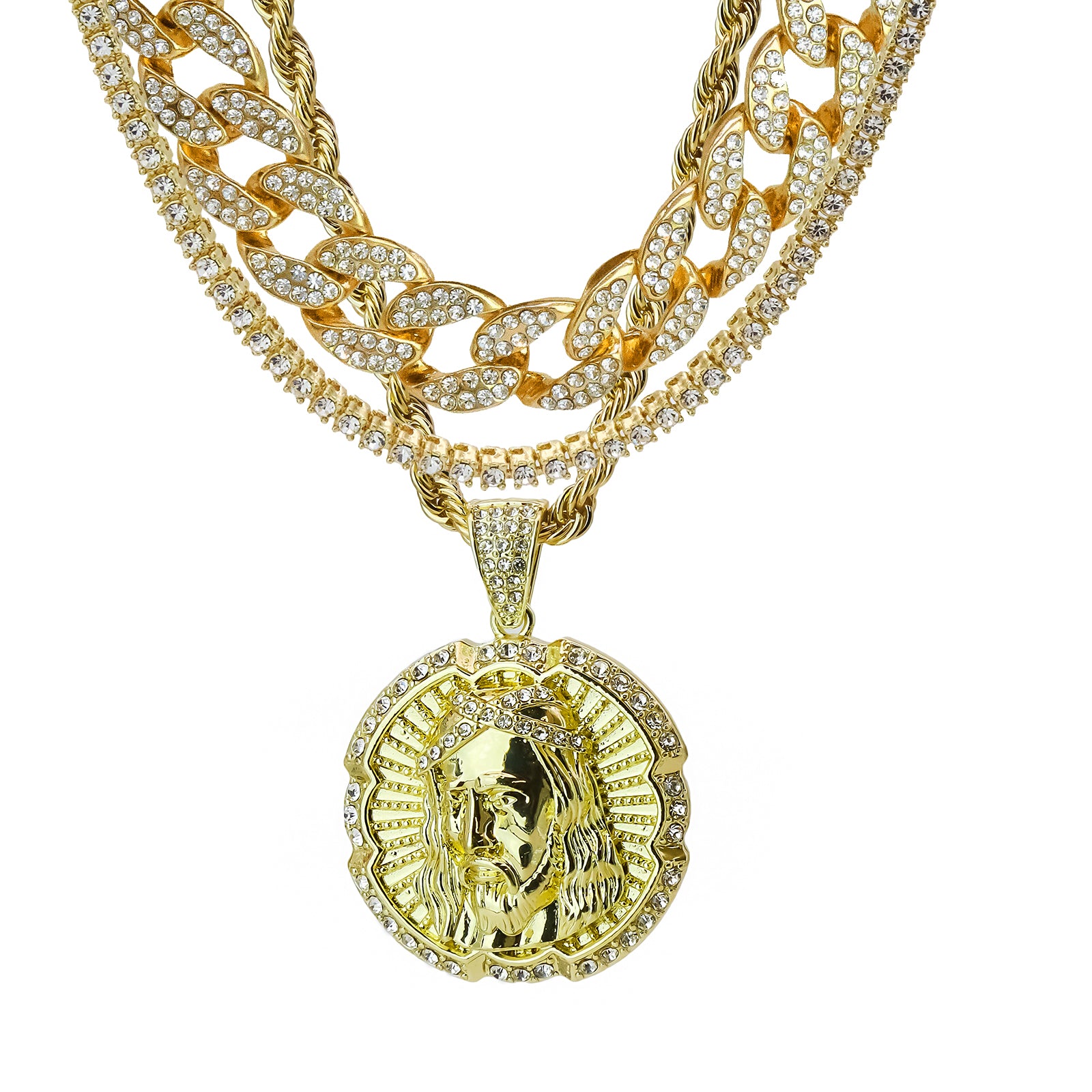 Round Jesus Piece 4 Pcs Set Clear Cz Cuban, Tennis & Rope Chain Bundle Gold PT
